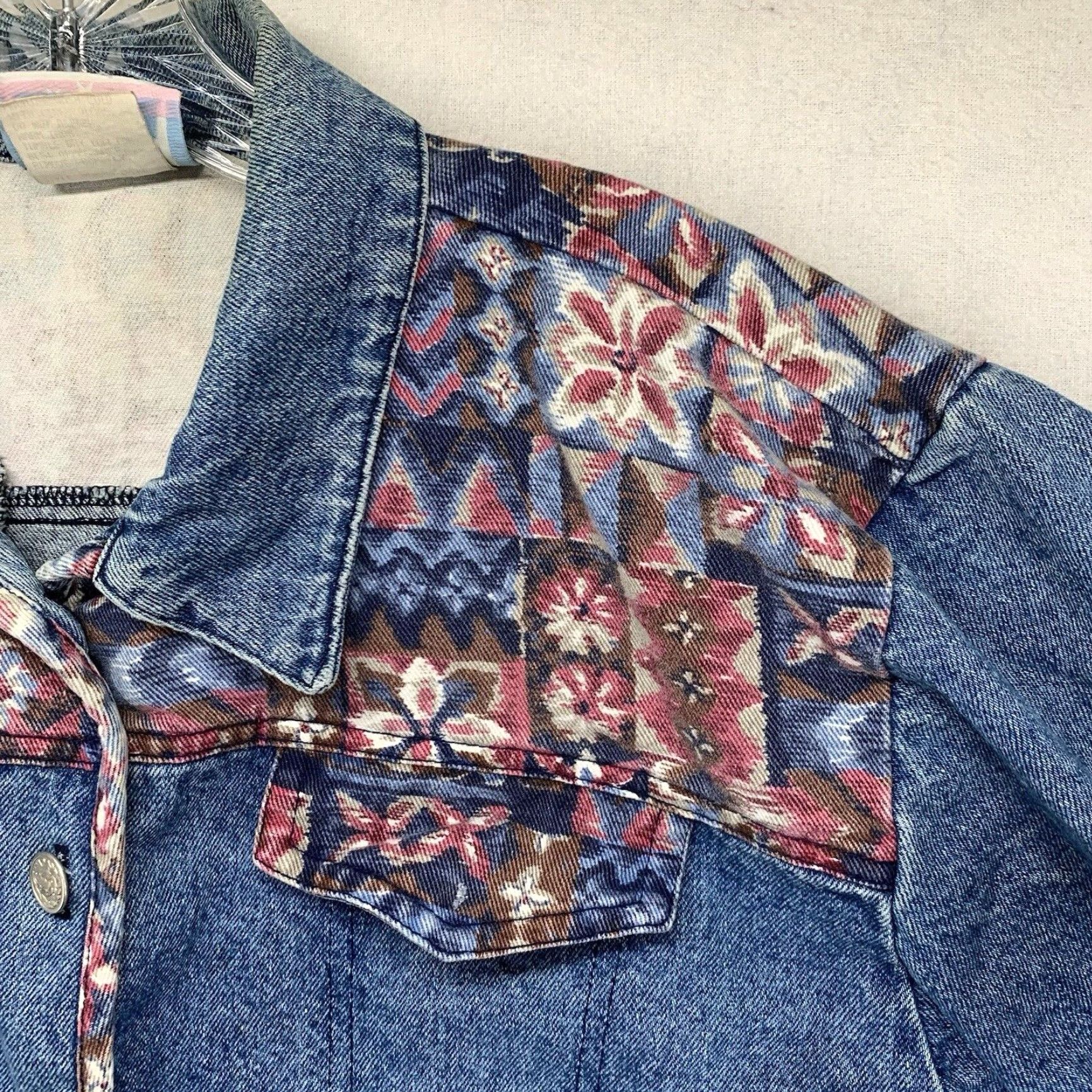 Denime VINTAGE Women’s Denim Jacket Medium Blue 80s 90s Fair Isle Pattern Crop Short Sleeve USA Size M / US 6-8 / IT 42-44 - 3 Thumbnail