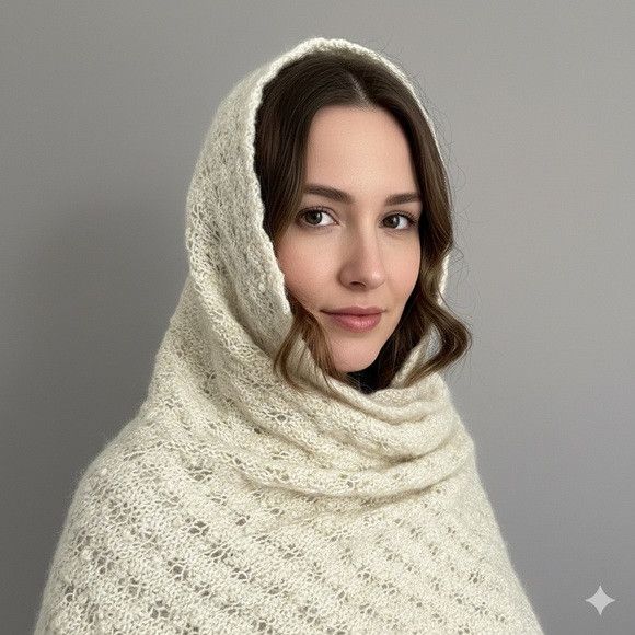Vintage Ivory Hand Knit Blanket Scarf Shawl Stole Wrap - 72 x 20"⚜️ Size ONE SIZE - 1 Thumbnail