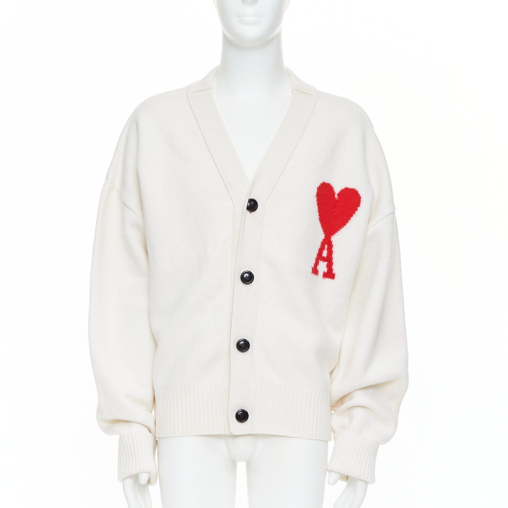 AMI AMI De Coeur cream virgin wool heart logo buttoned cardigan XL Size US XL / EU 56 / 4 - 1 Thumbnail