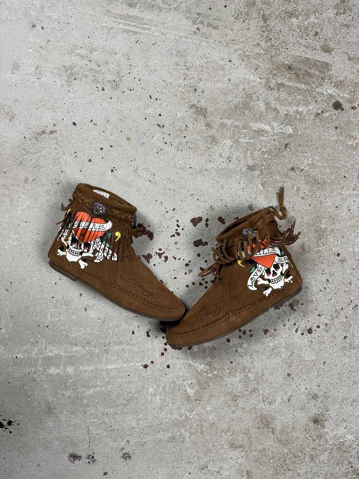 Christian Audigier × Ed Hardy × Vintage Vintage Y2K Ed Hardy Brown Suede Skull Fringe Moccasins Size US 6 / IT 36 - 1 Thumbnail