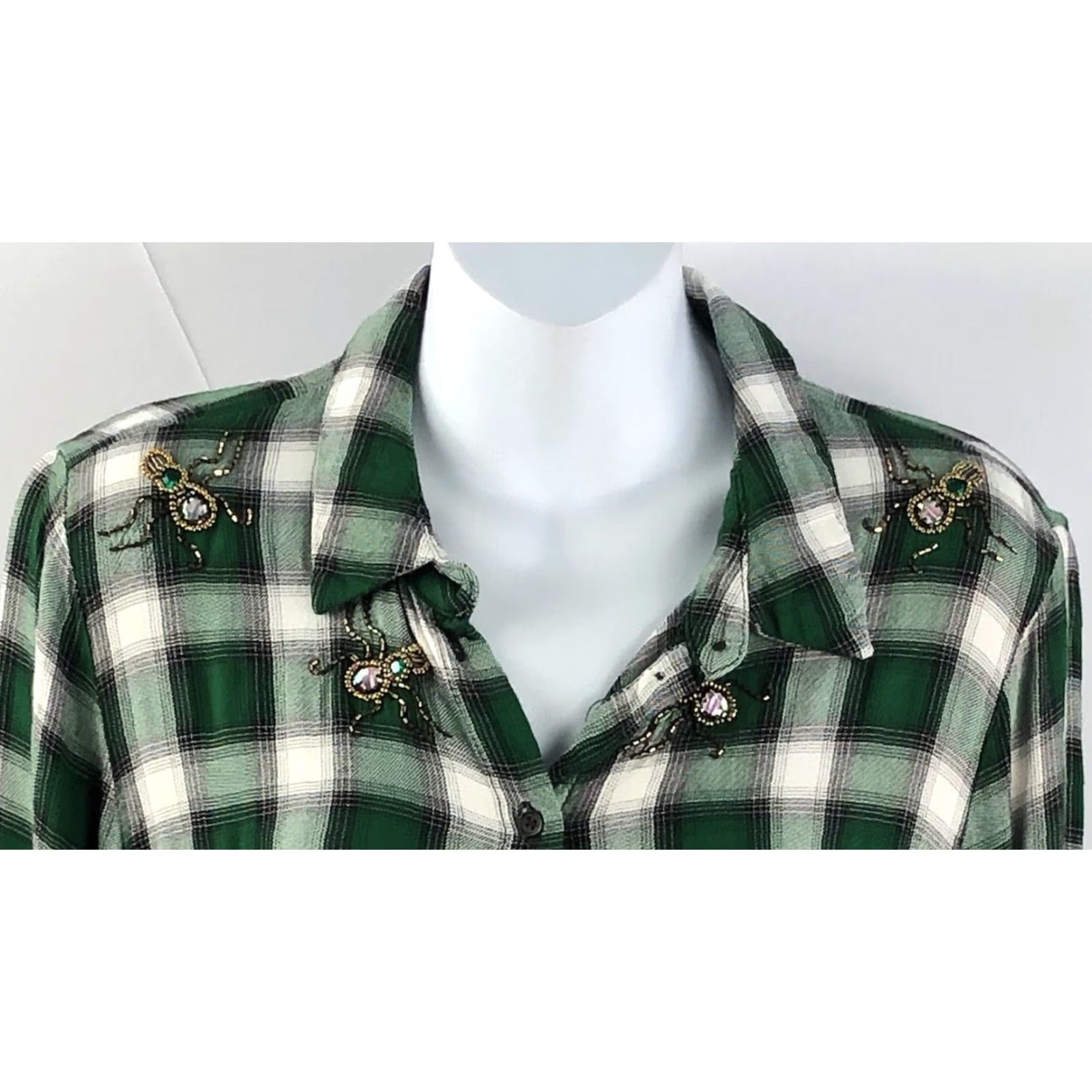 H&M H&M Flannel Button-Up Plaid Top 12 Green Bead Spider Bug Bohemian Grunge Hippie Vintage No? Size XL / US 12-14 / IT 48-50 - 5 Thumbnail