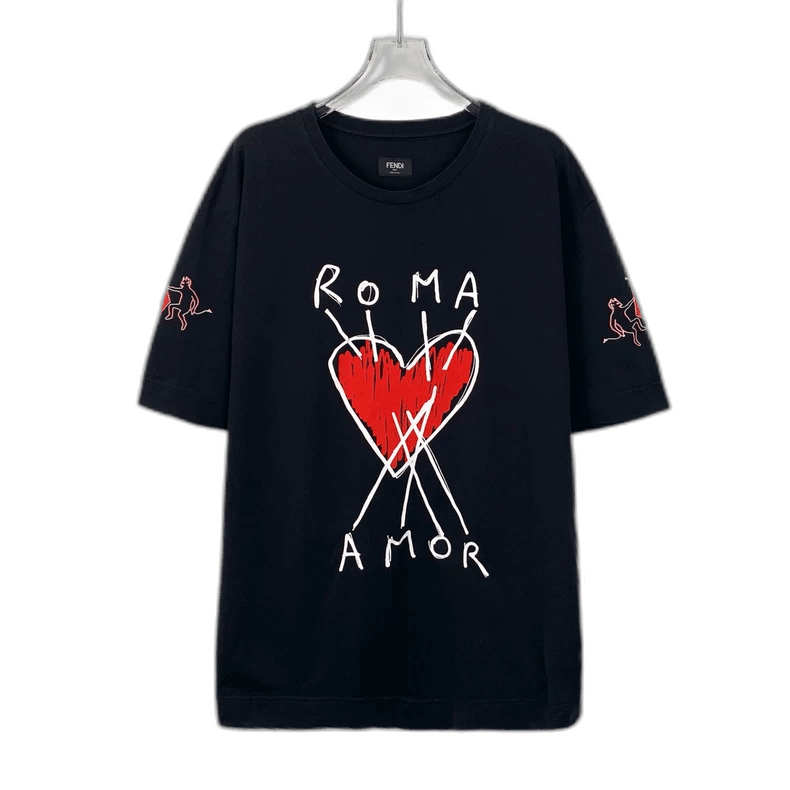 【FENDI】Embroid Short Sleeve T-Shirt/追跡+関税+全国送料込み FENDI Logo-Embossed Short-Sleeved Cotton Jersey T-Shirt in