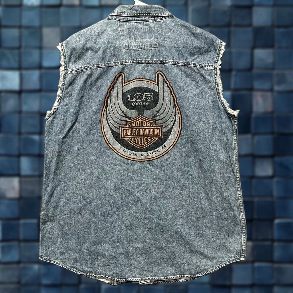 Harley Davidson VINTAGE Harley-Davidson Shirt L Denim 105th Anniversary 2008 Button Down Sleeveless Mens Size US L / EU 52-54 / 3 - 1 Thumbnail
