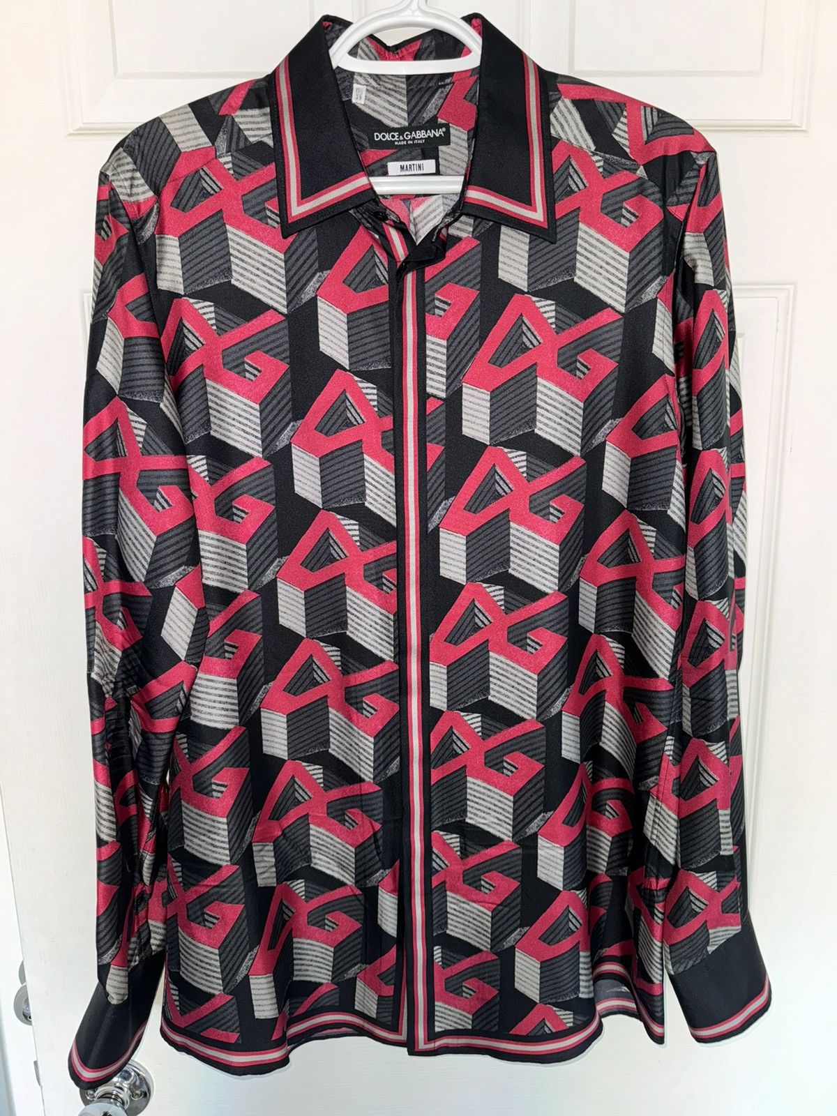 image of Dolce Gabbana Silk Button-Up Shirt With Dg Print in Pink/Black, Men's (Size Small)