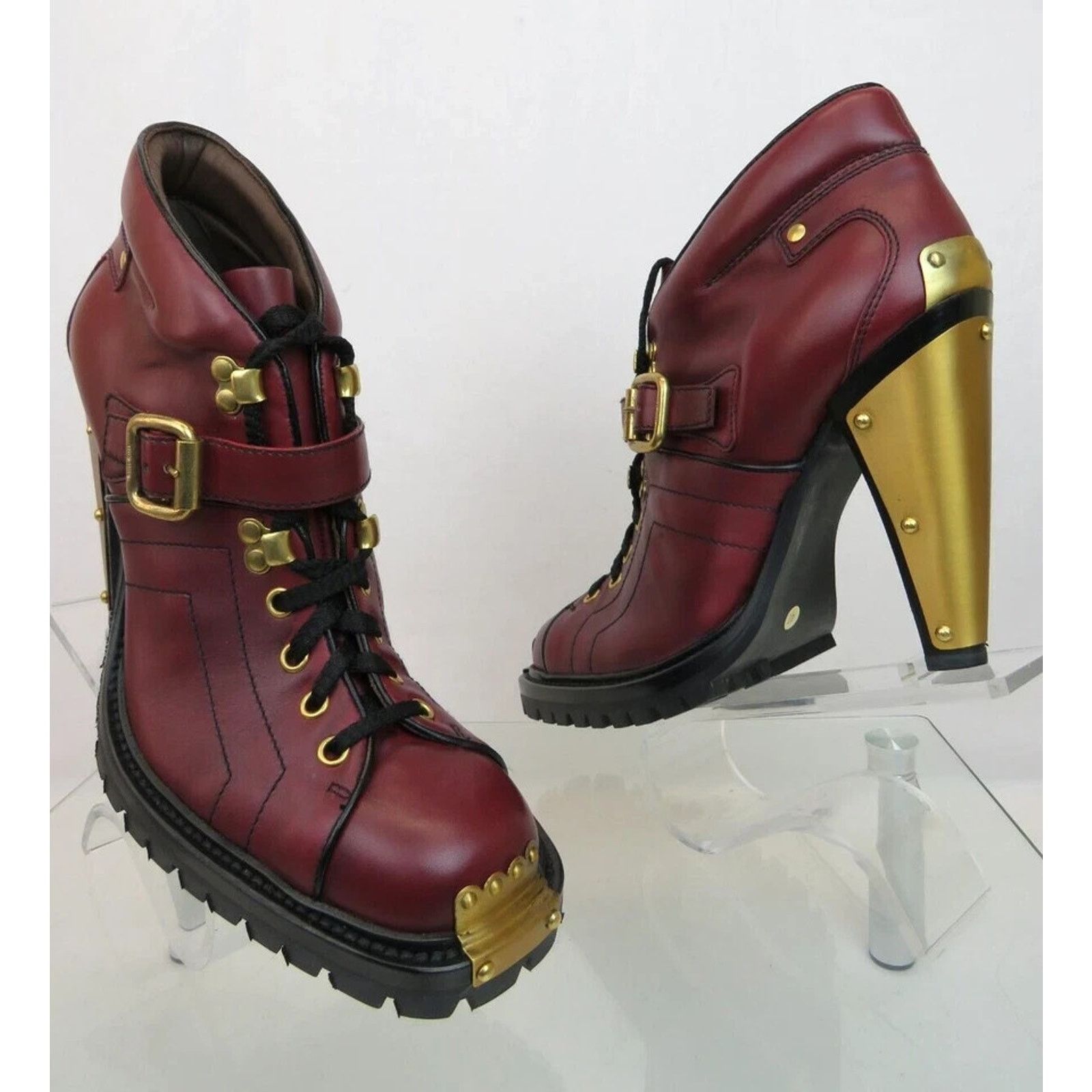 Prada MIU MIU PRADA BURGUNDY LEATHER METAL BELTED ANKLE BOOTS 39 Size US 9 / IT 39 - 7 Thumbnail
