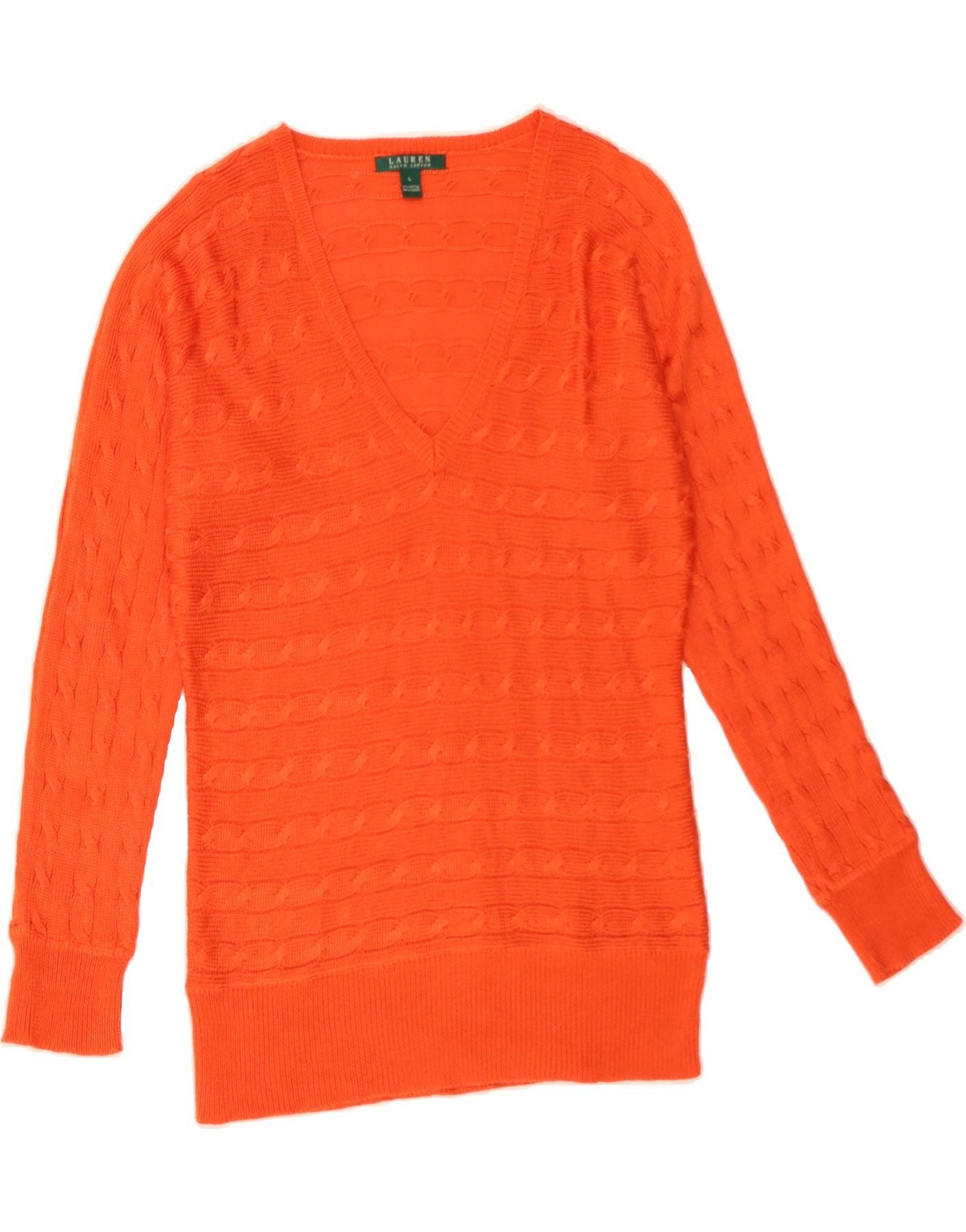 Ralph Lauren Womens V-Neck Jumper Sweater UK 16 Large Orange Striped Size L / US 10 / IT 46 - 1 Thumbnail