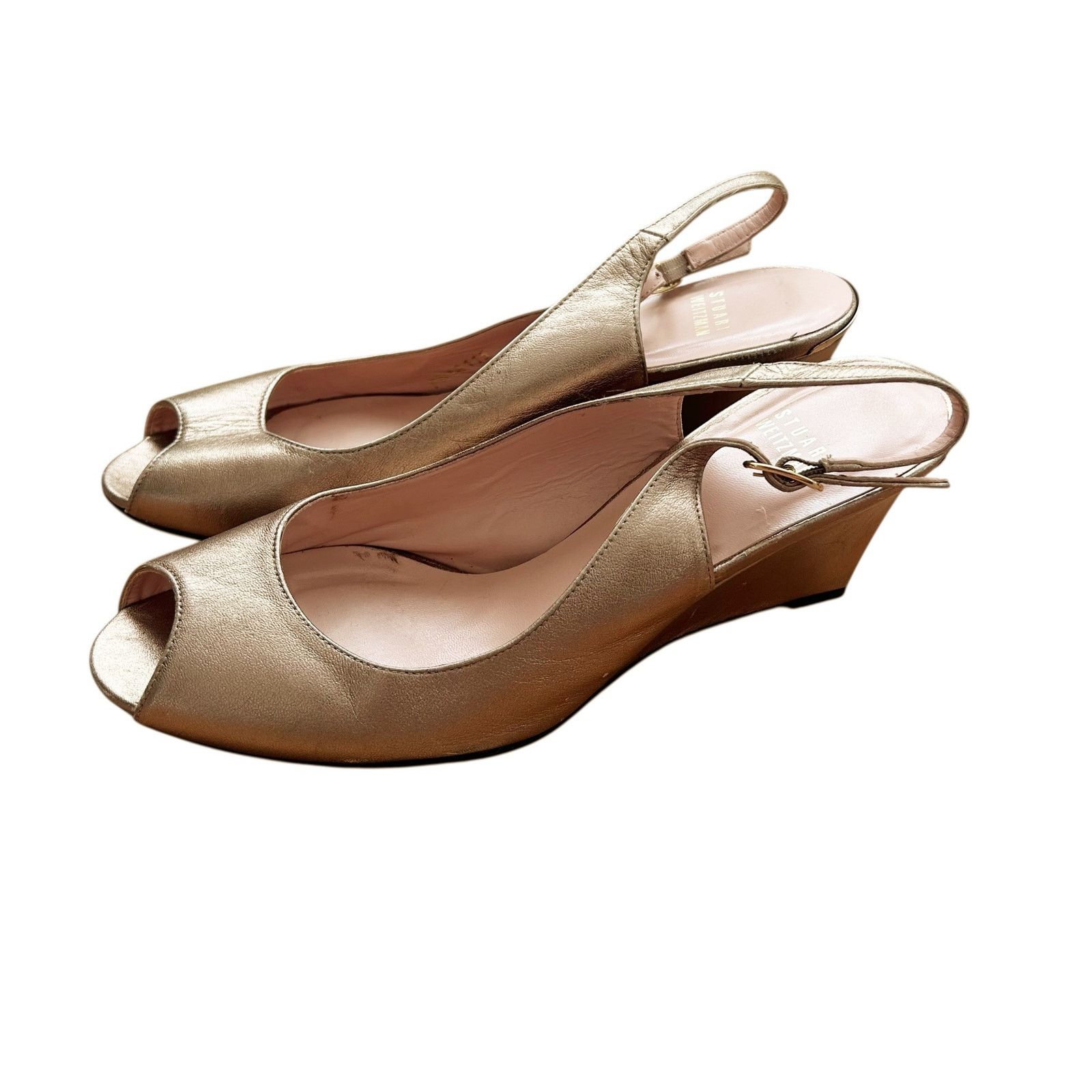 Stuart Weitzman Stuart Weitzman Gold Leather Slingback Peep Toe Wedges 9.5 Size US 9.5 / IT 39.5 - 3 Thumbnail