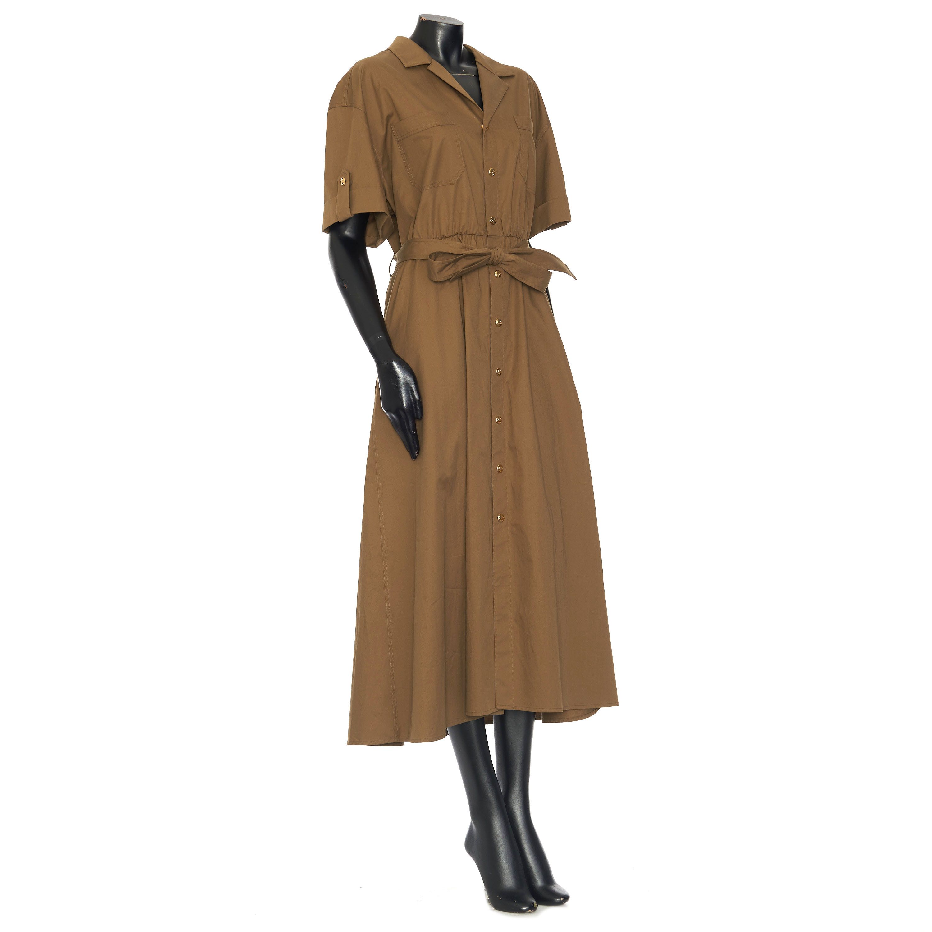 Celine Short-Sleeved Safari Dress In Olive Green Cotton Twill Size L / US 10 / IT 46 - 8 Thumbnail
