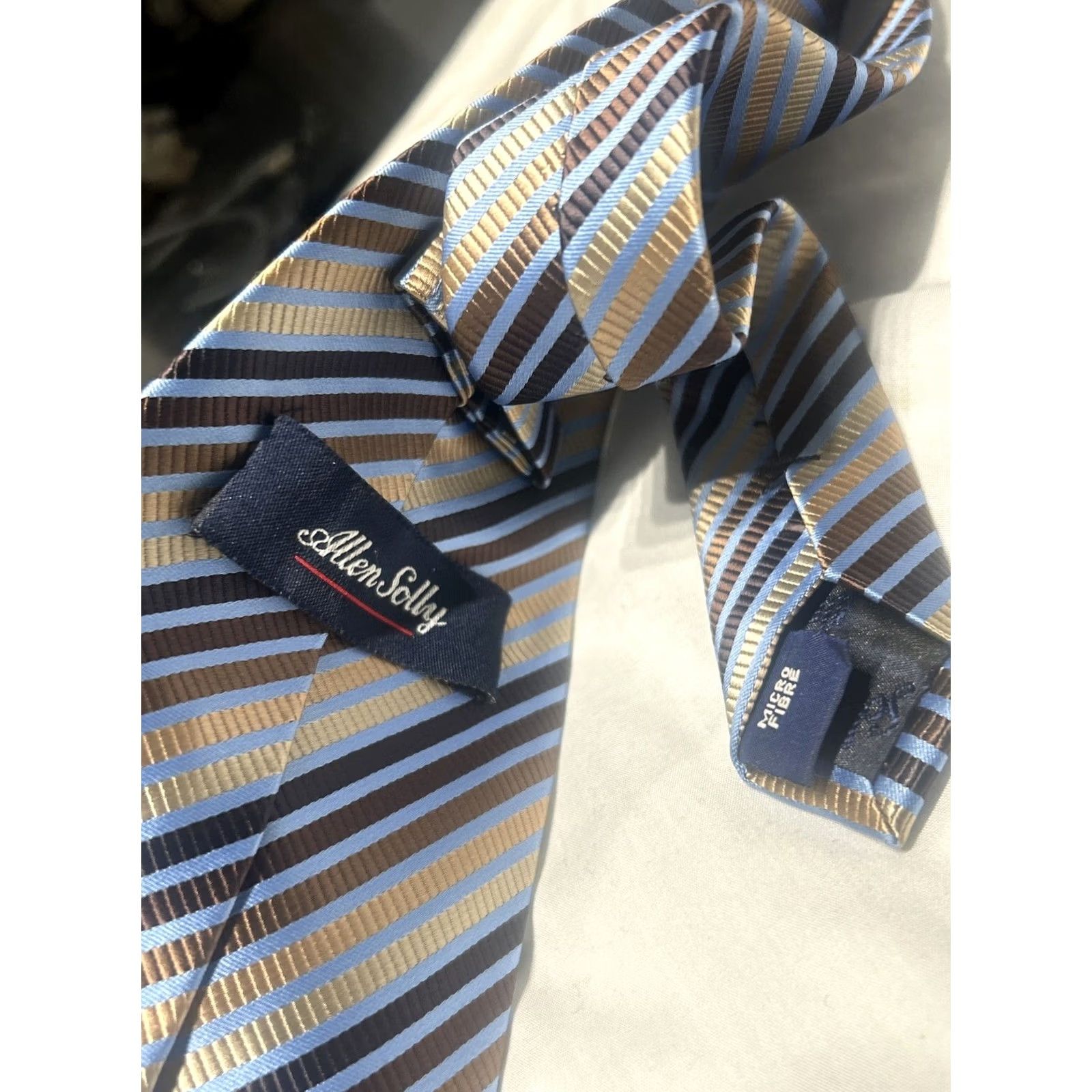 Vintage ALLEN SOLLY Men Luxury Striped Necktie Blue Brown 57" Silk Tie Geometric Designer 4" Width EUC Size ONE SIZE - 3 Thumbnail