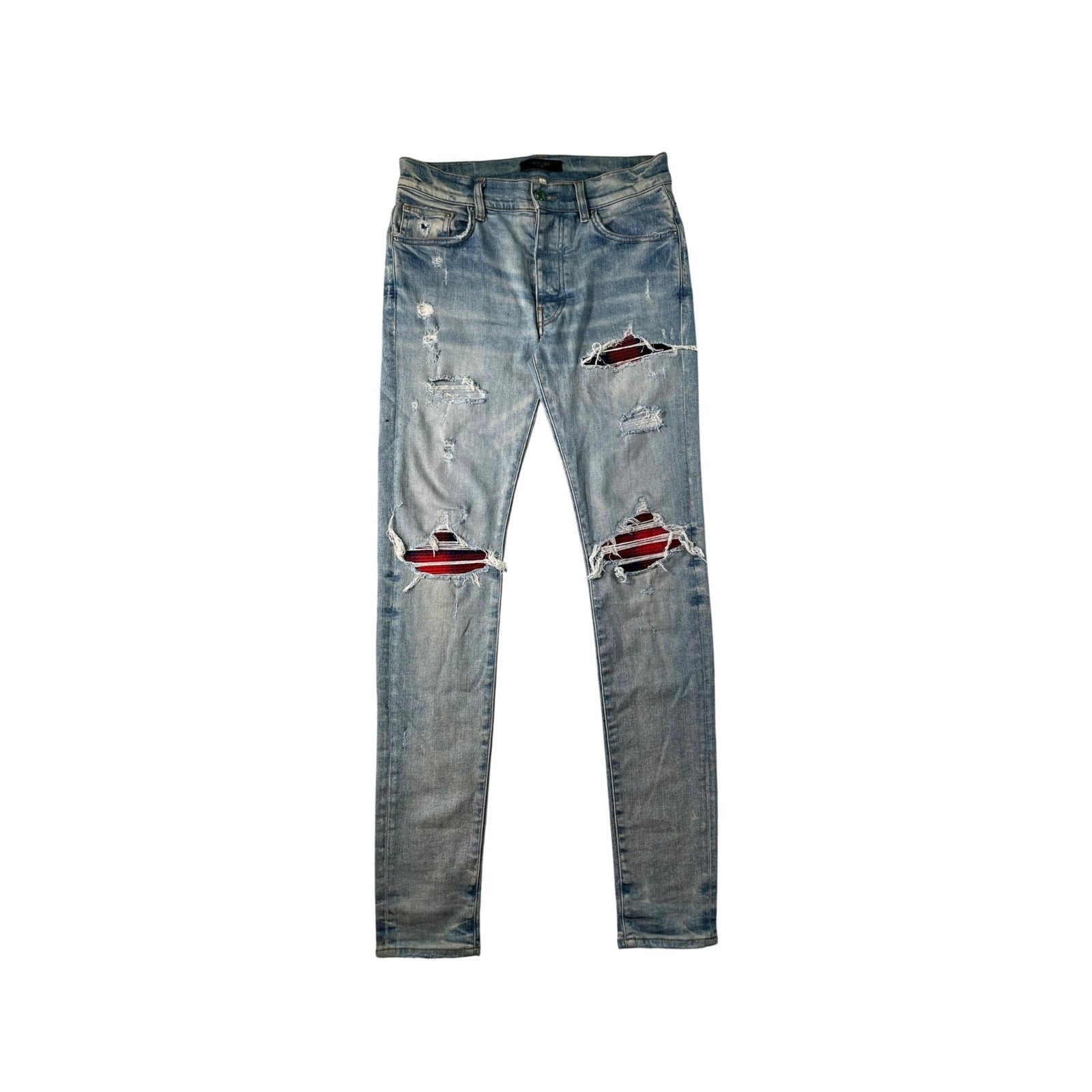 Amiri MX1 White Leather Patch Jeans in Light Indigo Size 30 | Grailed