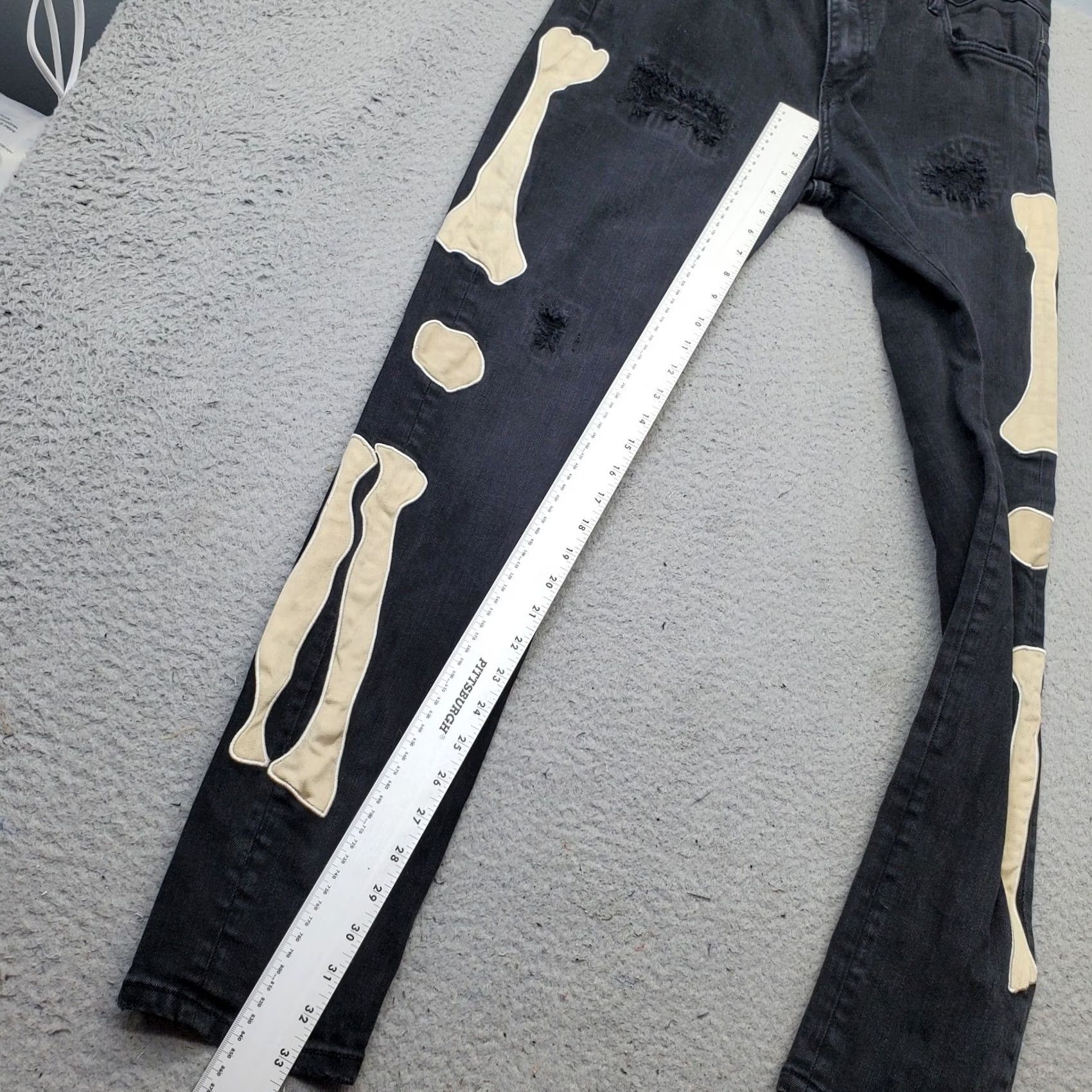 Denime Crysp Denim Skeleton Jeans Men 36 Black Stretch Distressed Bone Patch Slim Fit Size US 36 / EU 52 - 4 Thumbnail