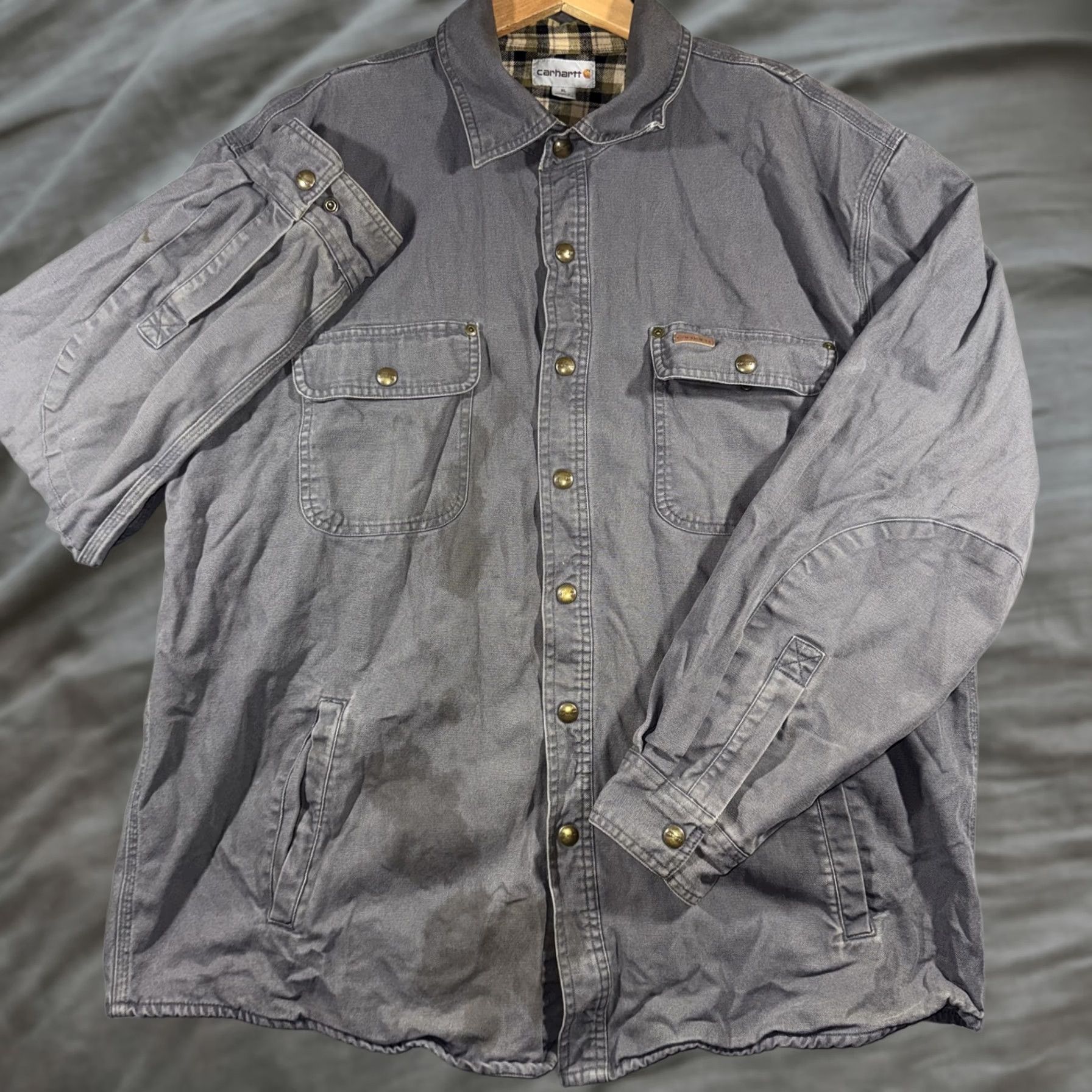 Carhartt Carhartt Jacket Mens XL Gray Canvas Snap Front Plaid Lined Workwear Shacket Size US XL / EU 56 / 4 - 1 Thumbnail