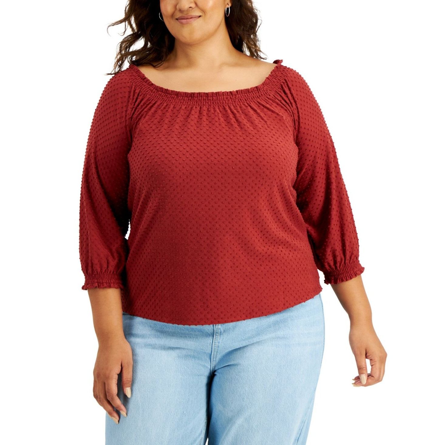 Style & Co Style Co Plus Size Off-the-Shoulder Swiss Dot Top, Merlot, S Size ONE SIZE - 1 Thumbnail