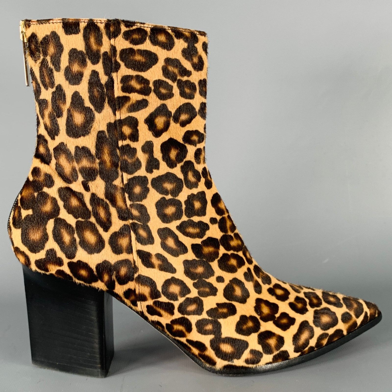 Brown Beige Animal Print Calf Hair Chunky Heel Boots