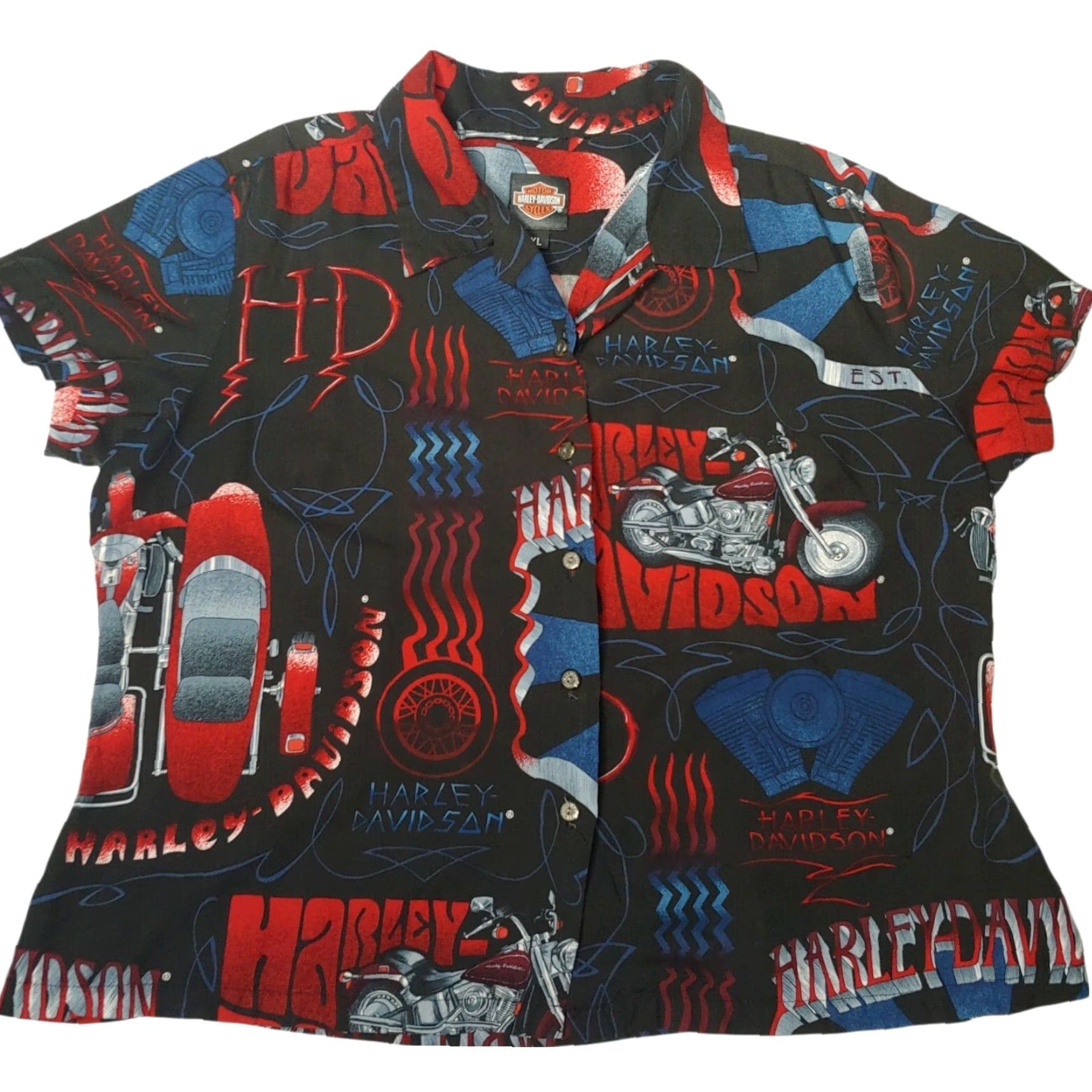 Harley Davidson Harley-Davidson Shirt Women L Black Multicolor Tori Richard for Harley-Davidson Blouse Casual Short Sleeve Biker Motorcycle Size L / US 10 / IT 46 - 3 Thumbnail