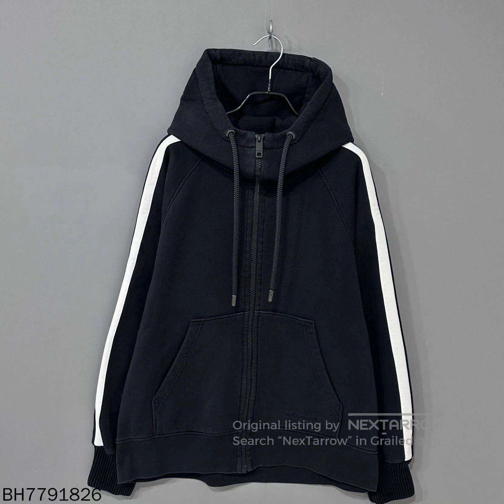 black logo striped hooded outerwear.