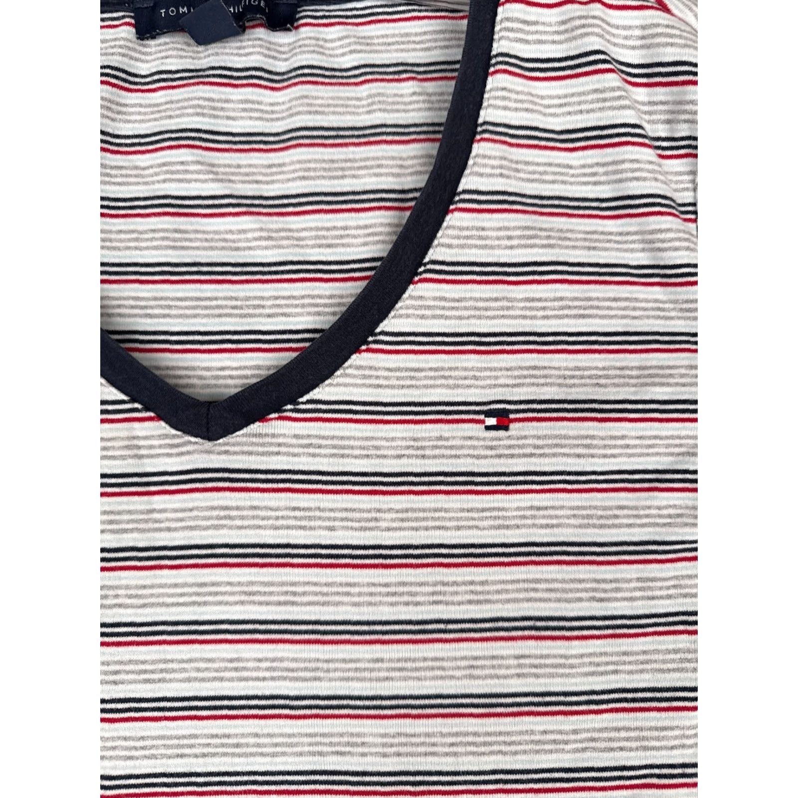 Tommy Hilfiger Tommy Hilfiger Shirt Women L Gray Red Stripe V-Neck Short Sleeve Cotton Size L / US 10 / IT 46 - 6 Thumbnail
