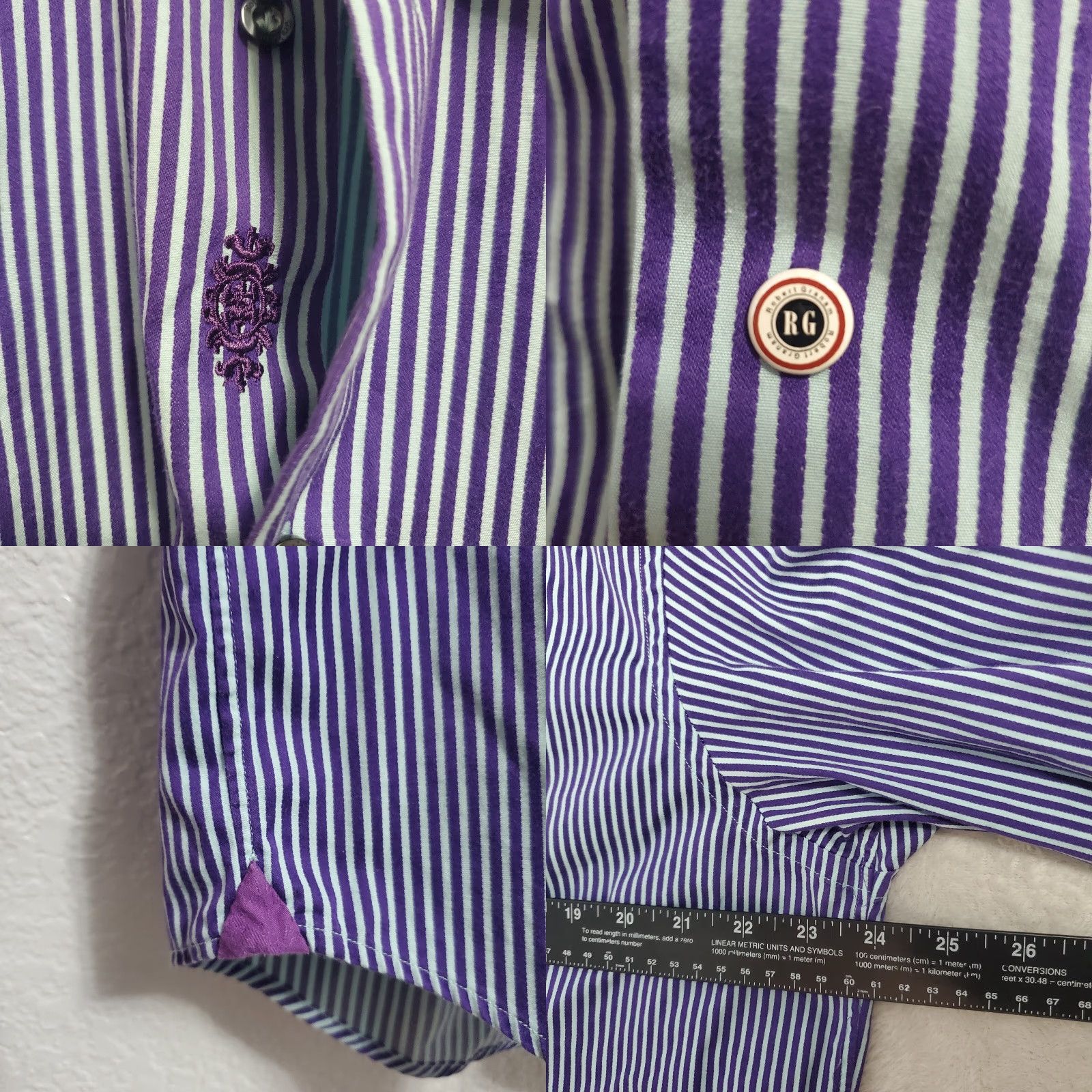 Robert Graham Robert Graham Dress Shirt Mens Purple Blue Striped 17 L/XL Flip Cuff Button Down Size 42R - 8 Thumbnail