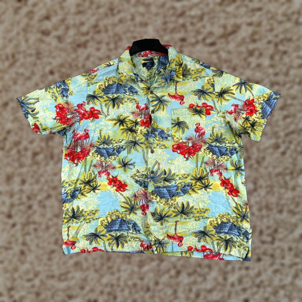 George George Men's Hawaiian Shirt 2XL Floral Palm Green Pink Button-Up Rayon Short Sleeve Classic Casual Hawaiian Theme 90s? Size US XXL / EU 58 / 5 - 1 Thumbnail