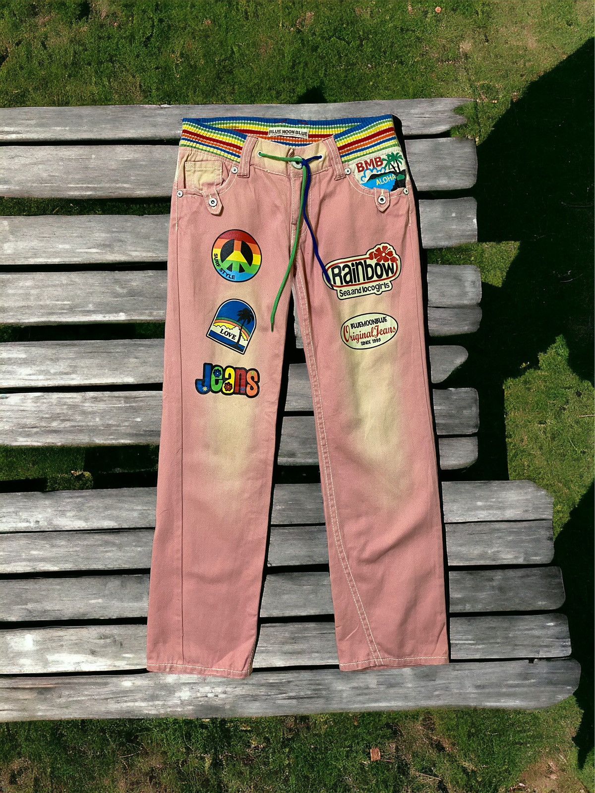 image of Vintage Blue Moon Blue Rainbow Paint Design Denim in Pink, Men's (Size 30)