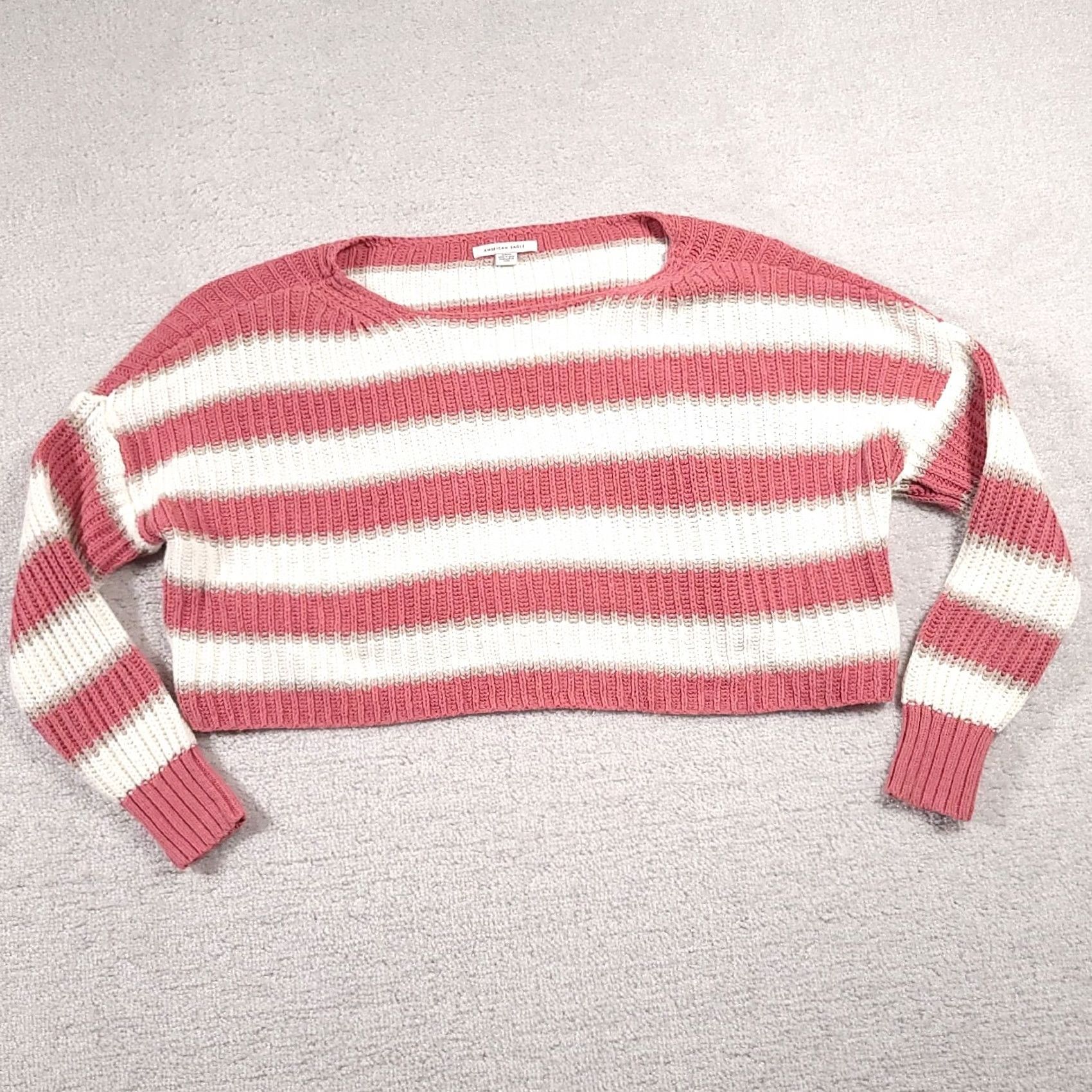 American Eagle Outfitters VINTAGE American Eagle Sweater Women’s S Cropped Oversized Pink Striped AEO Knit L/S Size S / US 4 / IT 40 - 2 Thumbnail