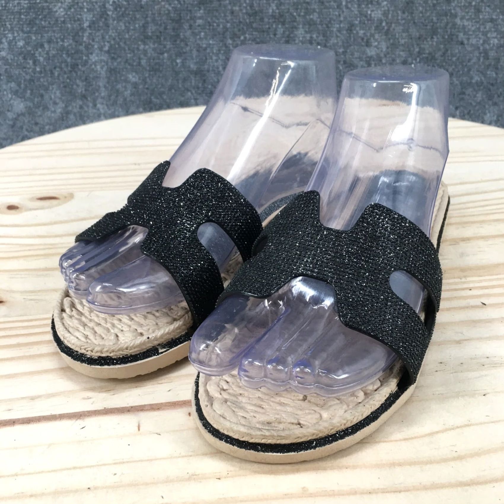 Vintage Cindy Claire Sandals Womens 38 Slide Flats Slip On CC Logo Black Glitter Open Toe Womens Sandal Size US 8 / IT 38 - 3 Thumbnail