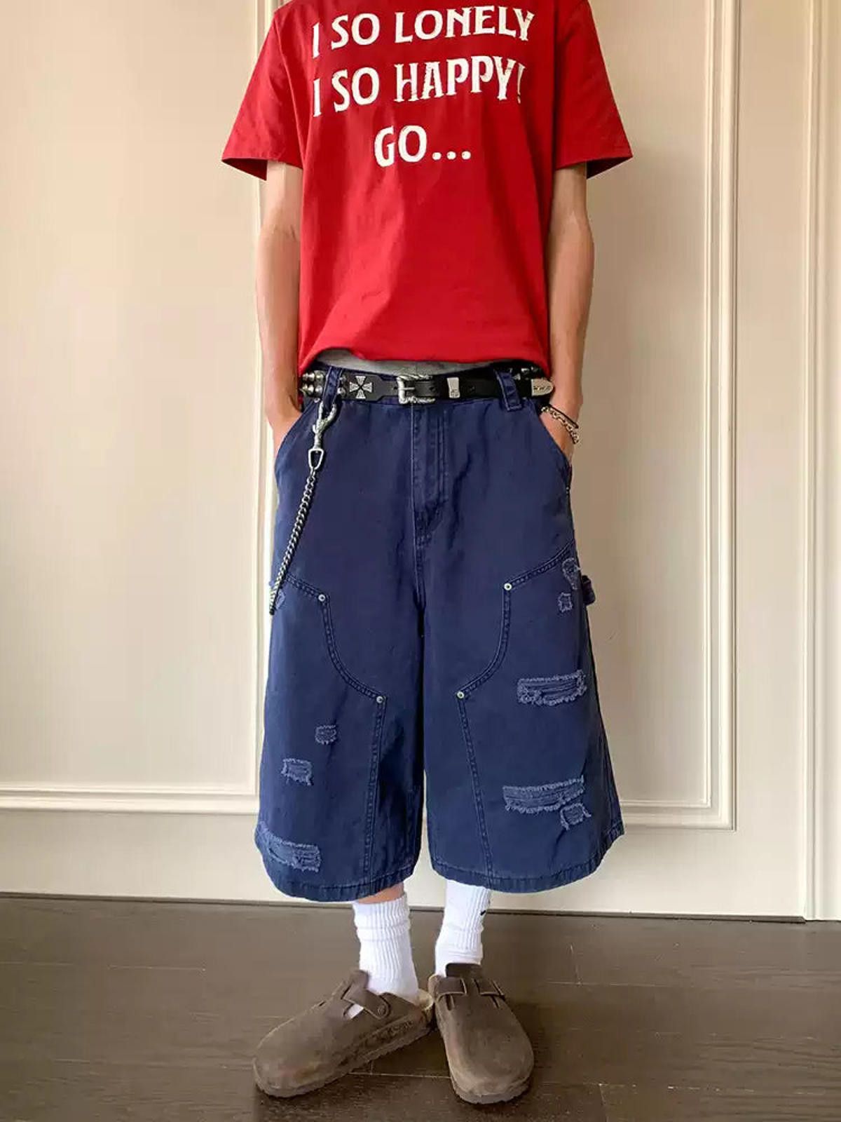 Jean Washed Destroyed Lumberjack Cargo Shorts | Relaxed 7/10 Cut Size US 33 - 1 Thumbnail