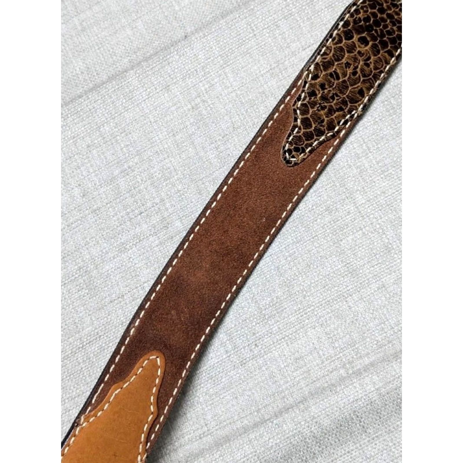 Vintage VINTAGE Torel Western Belt Men 34 Snakeskin Embossed Buckle USA Made Cowhide Leather Brown Belt Width 1-5/8" Cowboy Rodeo Southwestern Men's Size 34 - 5 Thumbnail