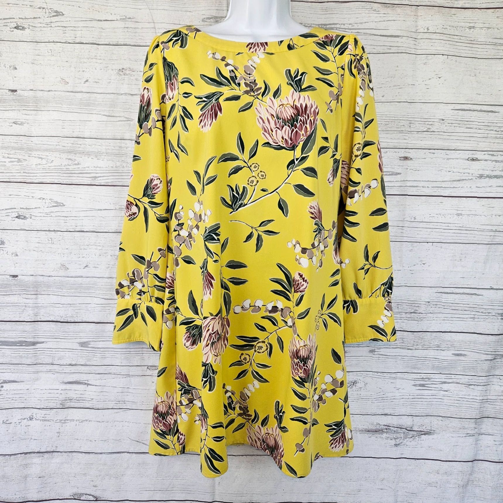 Loft Ann Taylor LOFT Womens Dress 8P Yellow Green Floral Long Sleeve Shift Womens Size M / US 6-8 / IT 42-44 - 2 Thumbnail