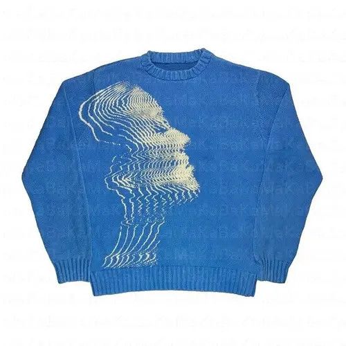 image of Vintage O-Neck Gothic Harajuku Street Knit Sweater in Blue, Men's (Size Medium)