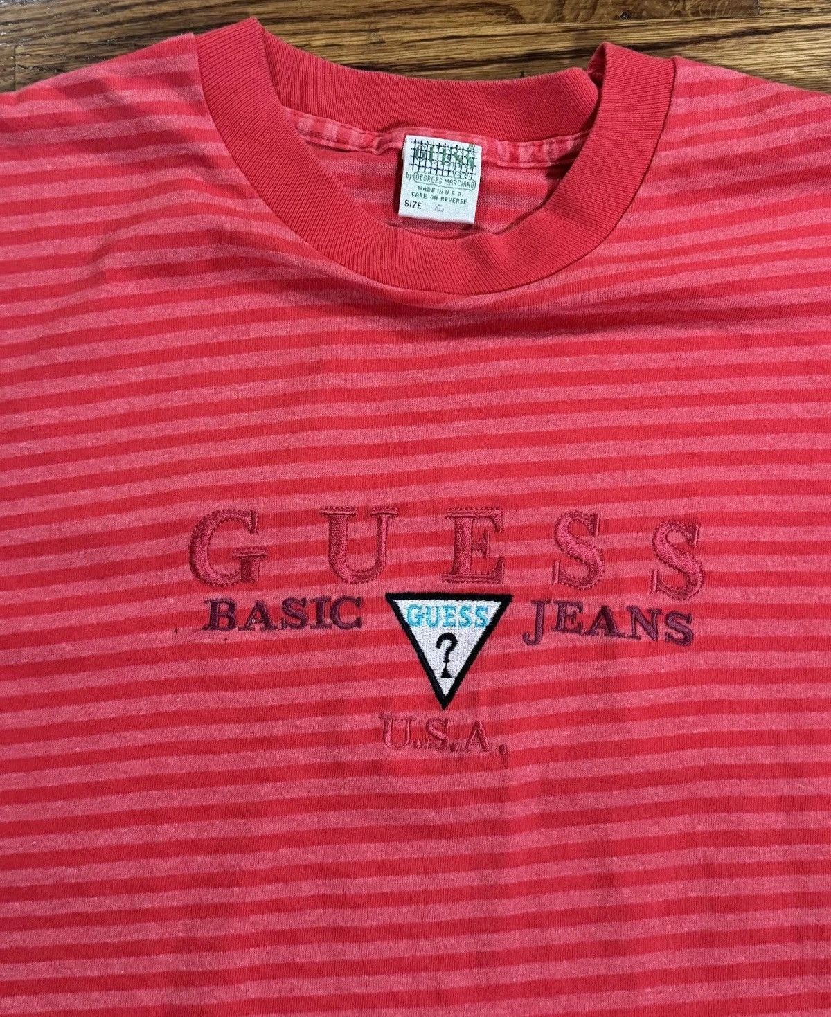 Guess Vintage Guess Basic Jeans Red Striped T Shirt (Size XL) Size US XL / EU 56 / 4 - 3 Thumbnail