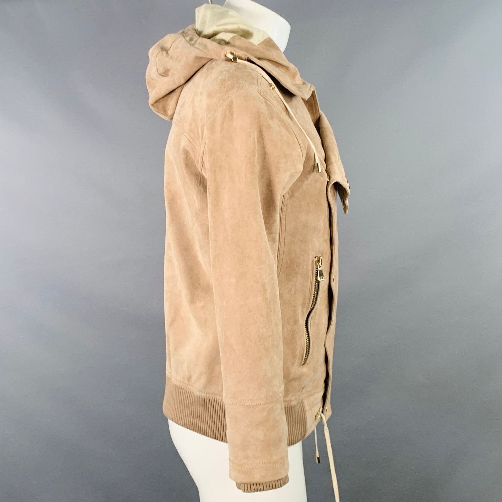 Balmain S Beige Calfskin Suede Hooded Asymmetrical Snaps Jacket Size US S / EU 44-46 / 1 - 4 Thumbnail