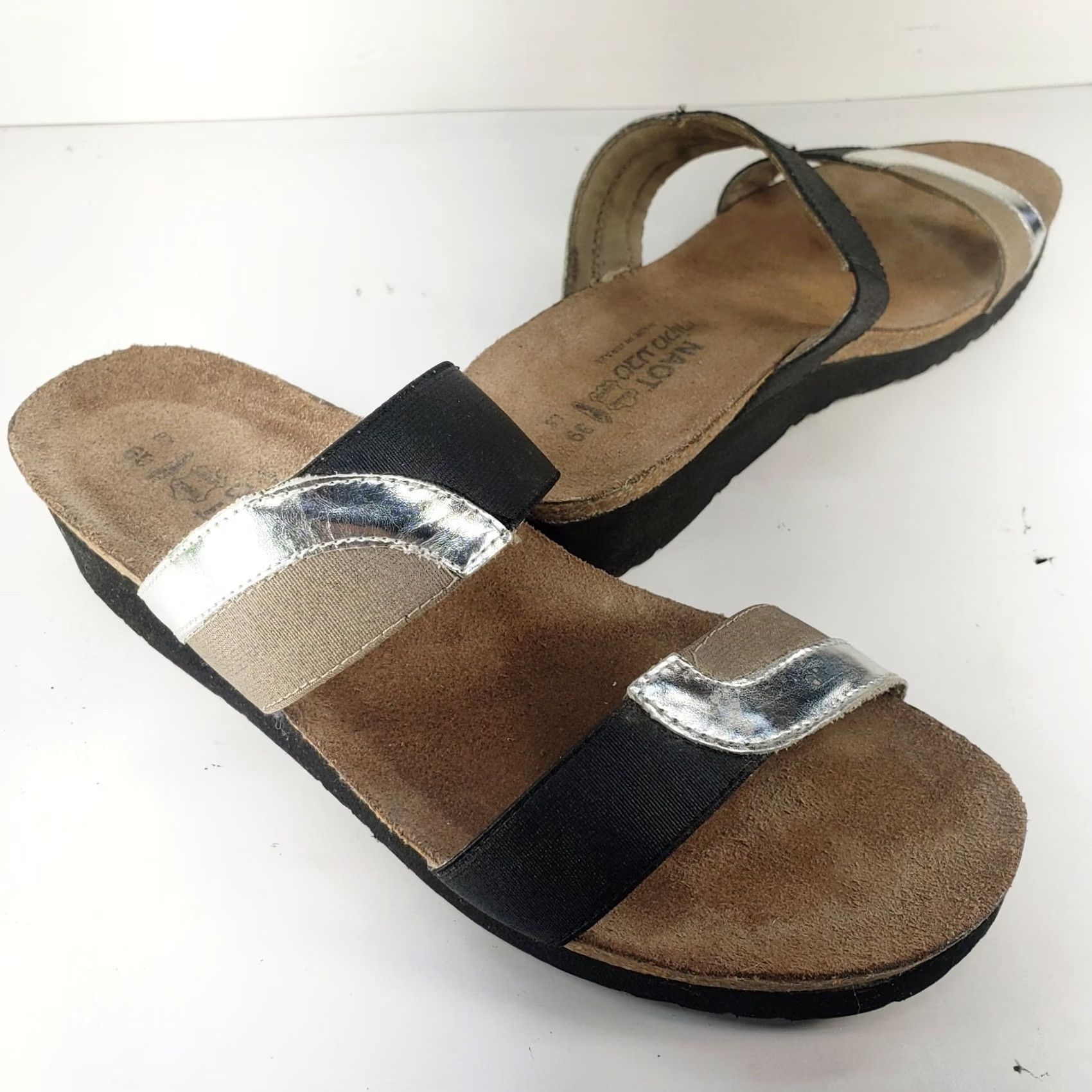 Vintage Naot Women's Sandal Black Silver Metallic Beige Leather Slide Wedge Rhinestone Open Toe 8 Slip-On Leather Insole Outsole Rubber Women Size US 8 / IT 38 - 3 Thumbnail