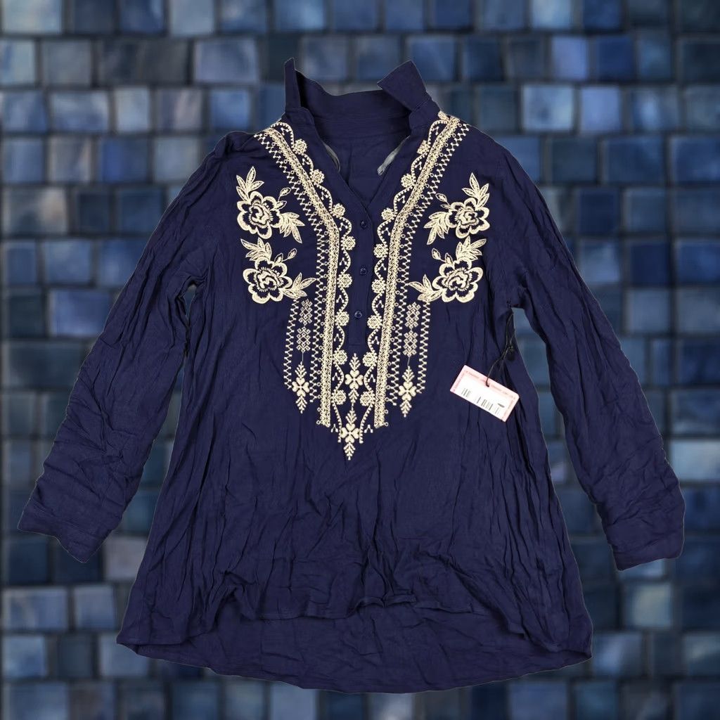 Vintage Andree By Unit Blouse Womens M Navy Embroidered Boho Tunic Top Long Sleeve Size M / US 6-8 / IT 42-44 - 1 Thumbnail