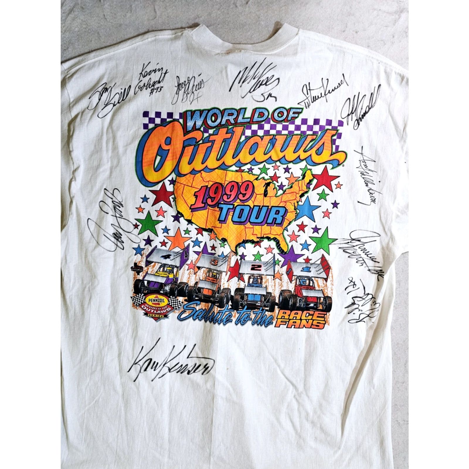 Hanes VINTAGE Pennzoil World Of Outlaws Sprint Cars T-Shirt Mens 2XL White 1999 Signatures 90s Racing Hanes Shirt Size US XXL / EU 58 / 5 - 7 Thumbnail