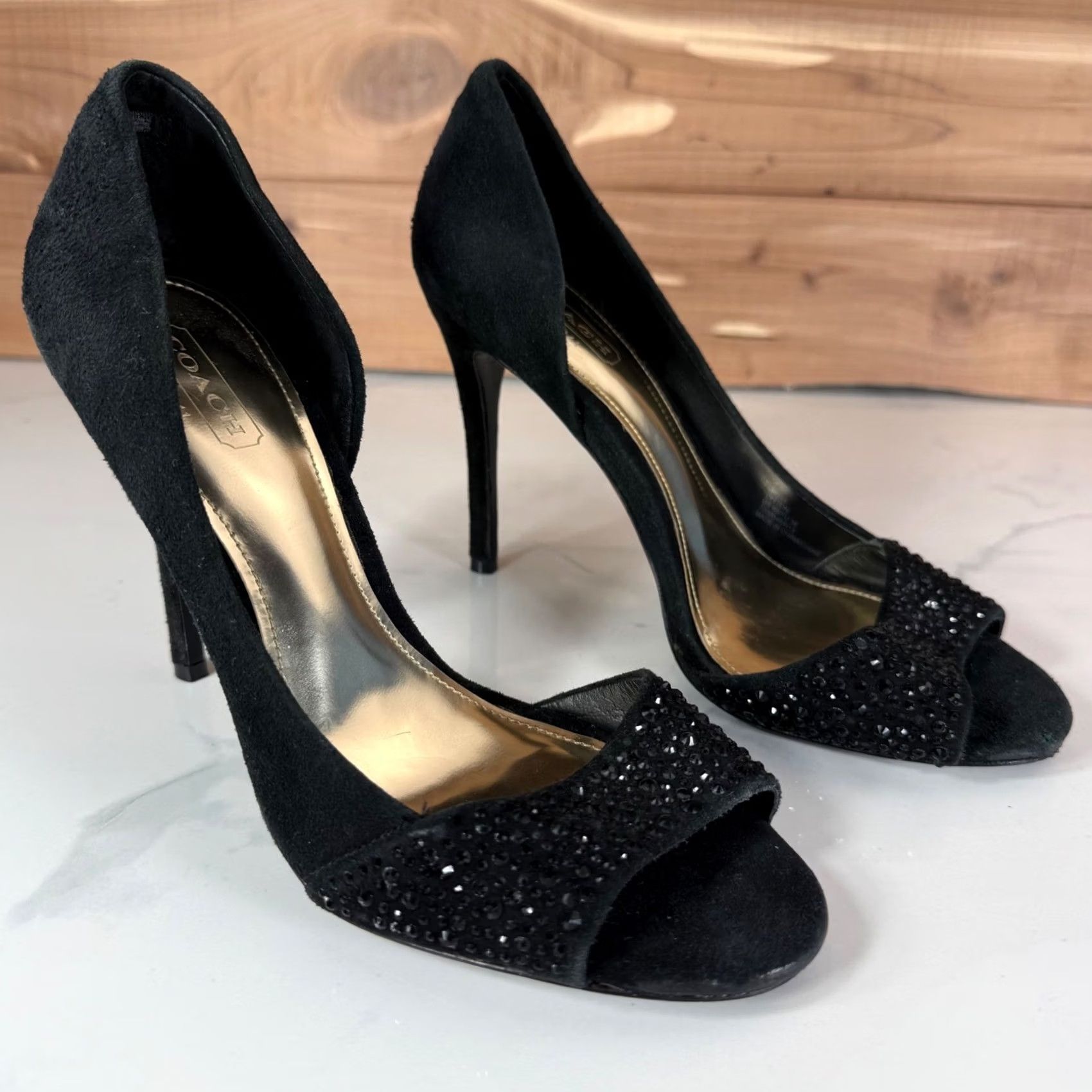 Coach VINTAGE Coach Black Suede Rhinestone Peep Toe Pumps d'Orsay Stiletto Heels Womens 6B Size US 6 / IT 36 - 6 Thumbnail