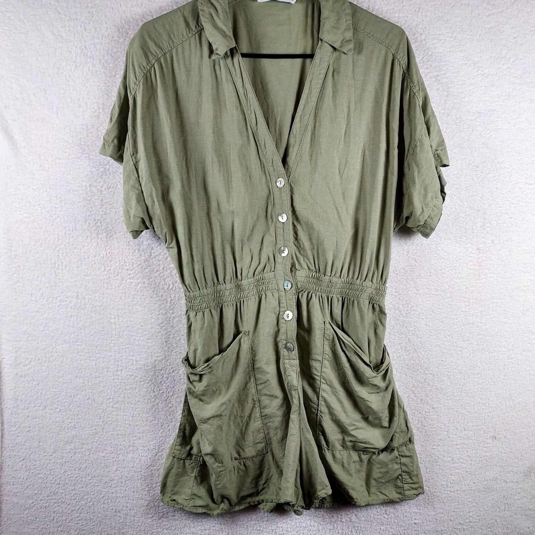 Zara Zara Romper Women's Green Linen Blend Button Front Short Sleeve Size M Casual Beach Bohemian Summer 2020s Green Color Size 32" / US 10 / IT 46 - 2 Thumbnail