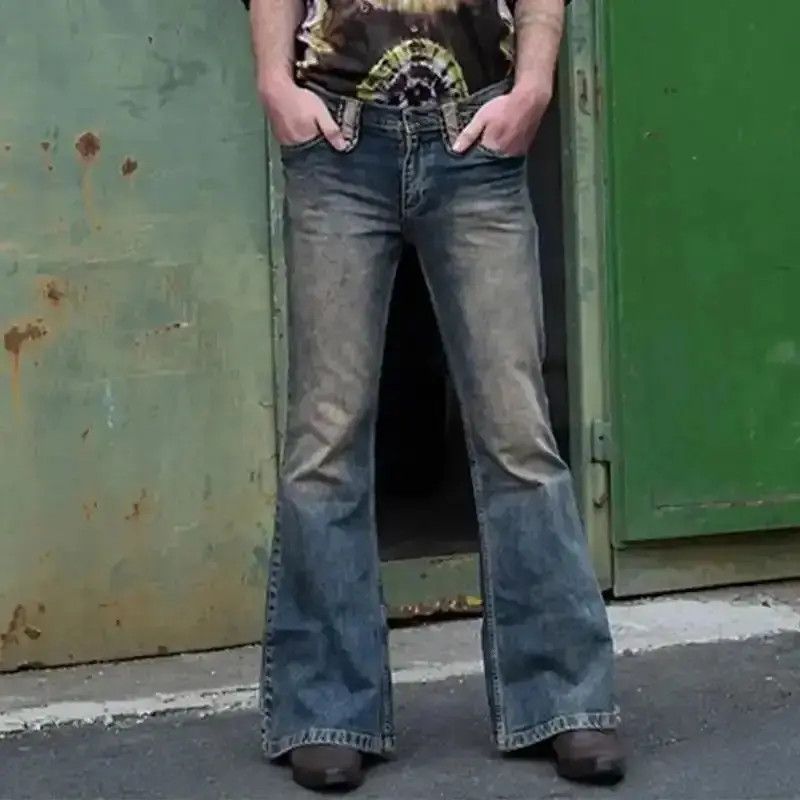 Jeans Men High Street Button Denim Flare Pants