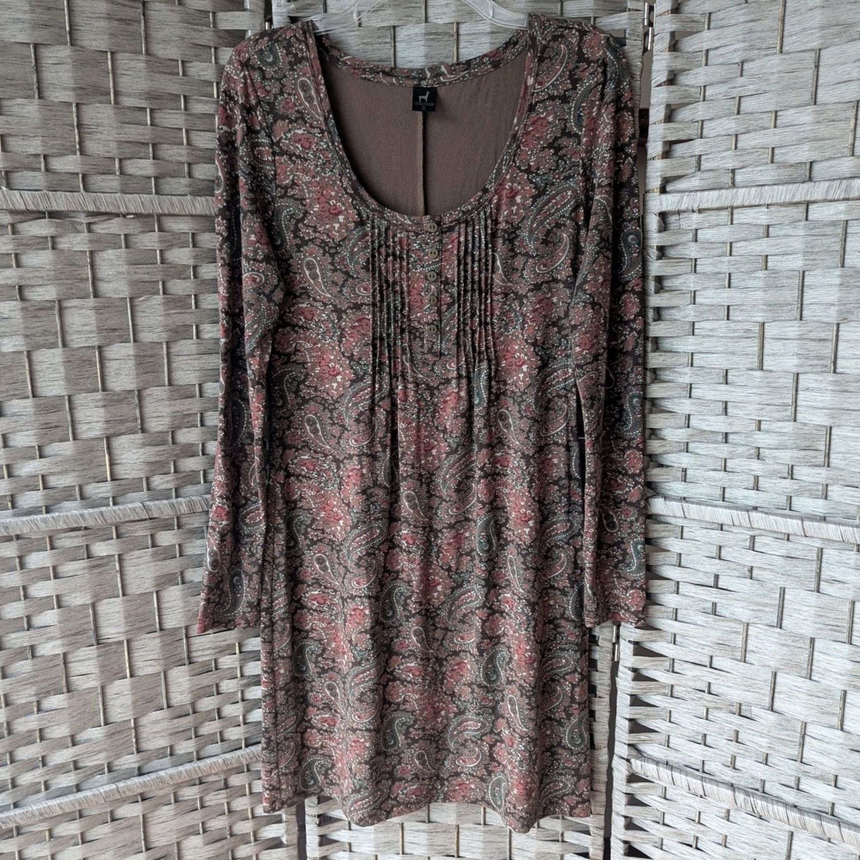 Vintage Peruvian Connection Dress Brown Paisley Long Sleeve Boho Soft Comfy Stretch Med Size M / US 6-8 / IT 42-44 - 2 Thumbnail