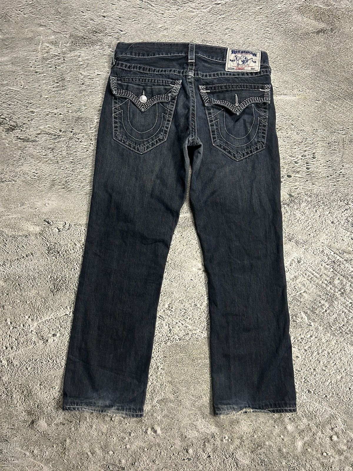 True Religion navy jeans white thick stitching straight Y2K