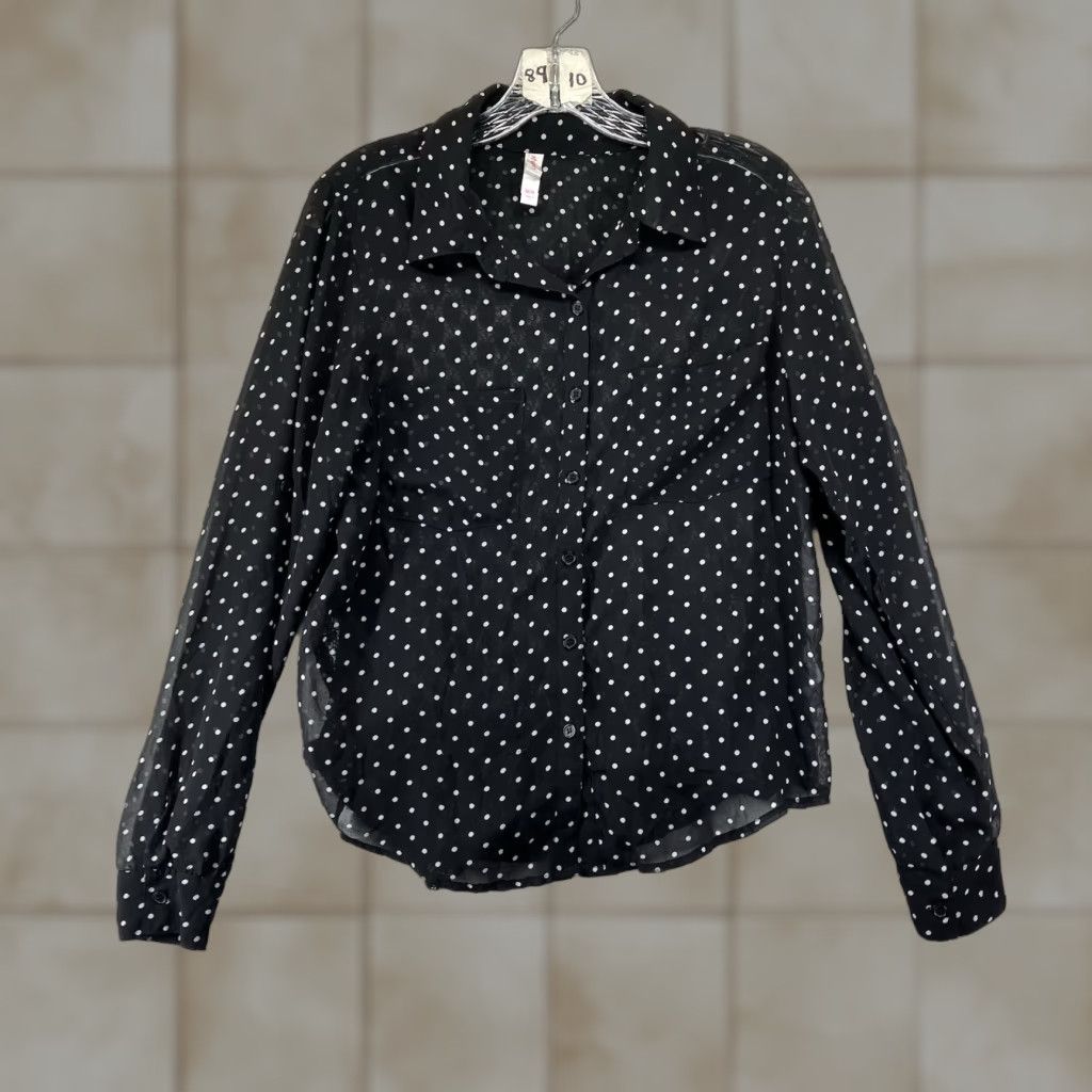 Vintage Women's Goth Top Medium Black & White Polka Dot Button Down Sheer Lace Back Size M / US 6-8 / IT 42-44 - 1 Thumbnail