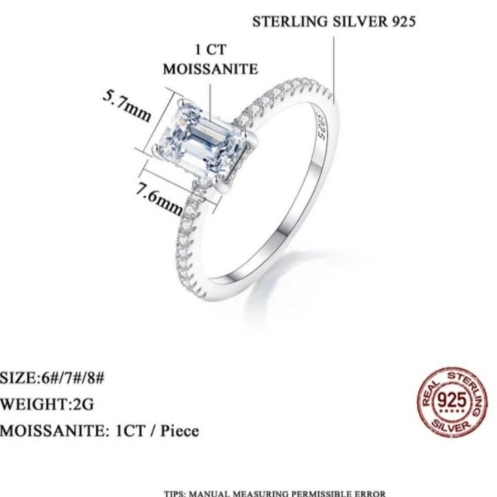 Boutique Moschino Moissanite Ring Solitaire Emerald Cut 925 Silver 8 Size ONE SIZE - 10 Thumbnail