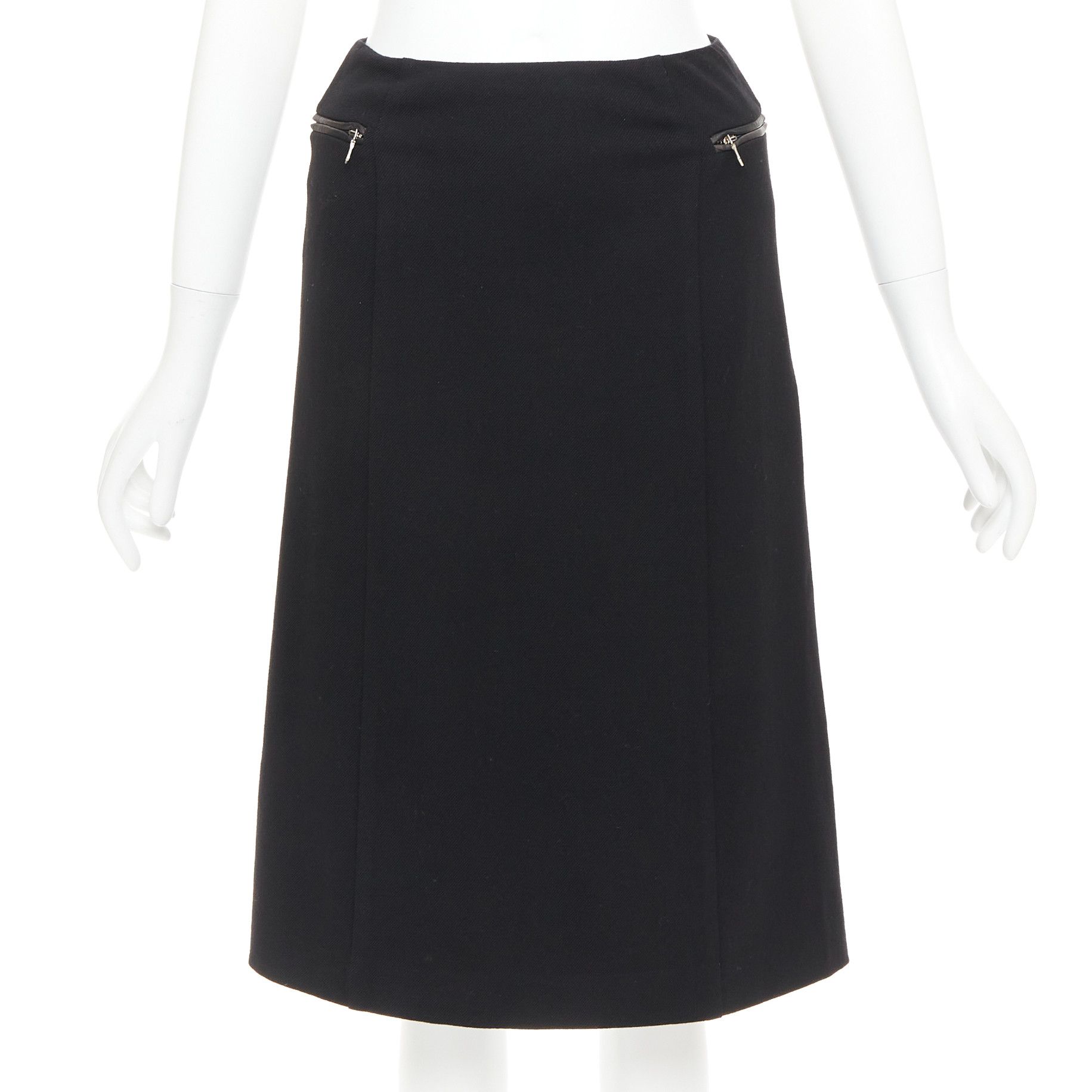 Prada PRADA Vintage black wool minimal linear leather trim zip pocket pencil skirt IT38 XS Size 26" / US 2 / IT 38 - 1 Thumbnail