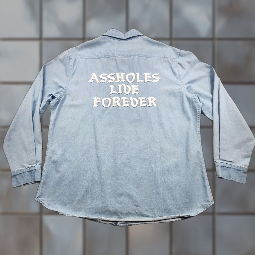 Denime Aholes Live Forever Shirt 2XL Mens Blue Denim Button Up Embroidered Slogan XXL Size US XXL / EU 58 / 5 - 1 Thumbnail
