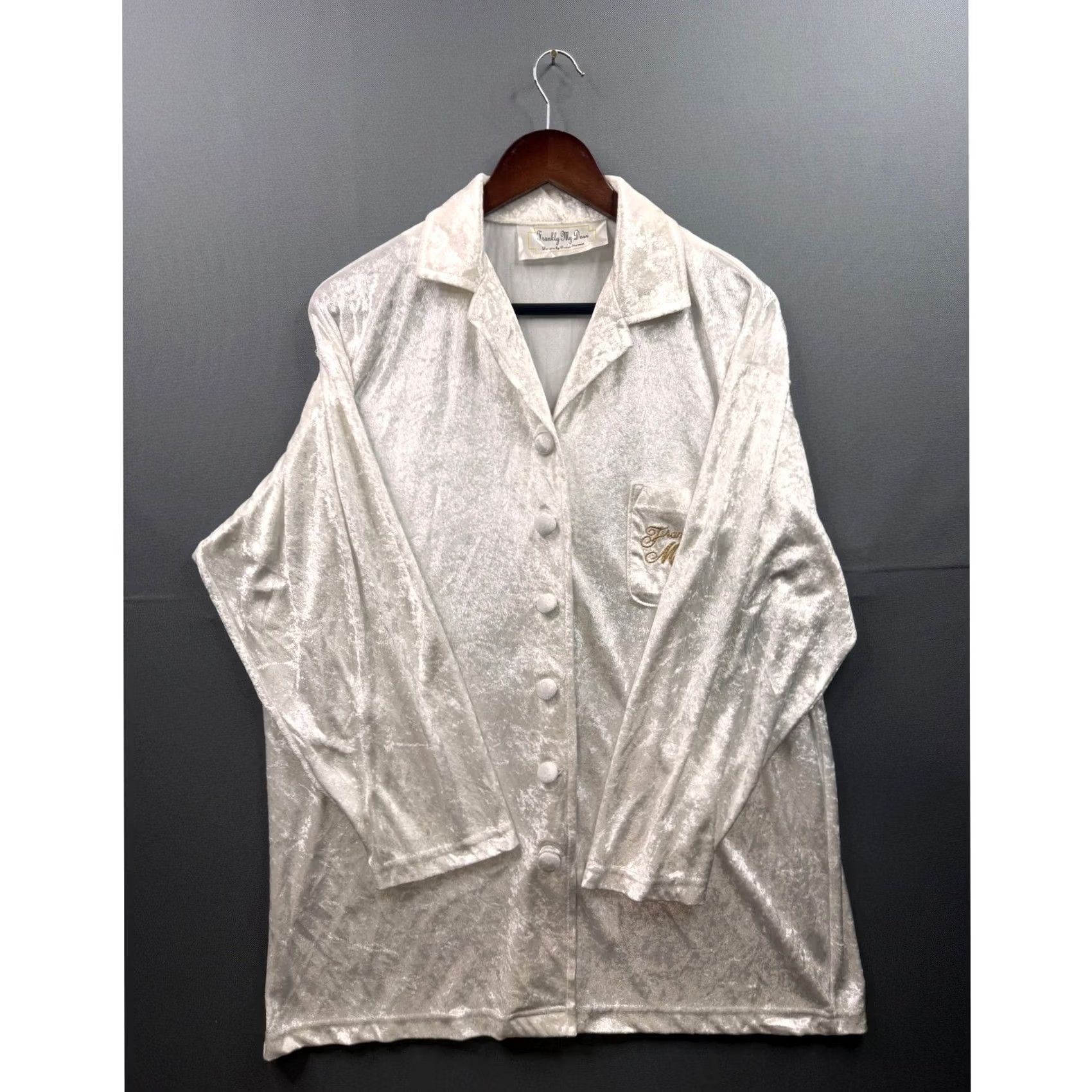 Vintage Frankly My Dear Donna Stewart Ivory Crushed Velvet Button Up Sleep Shirt Top Size XL / US 12-14 / IT 48-50 - 2 Thumbnail