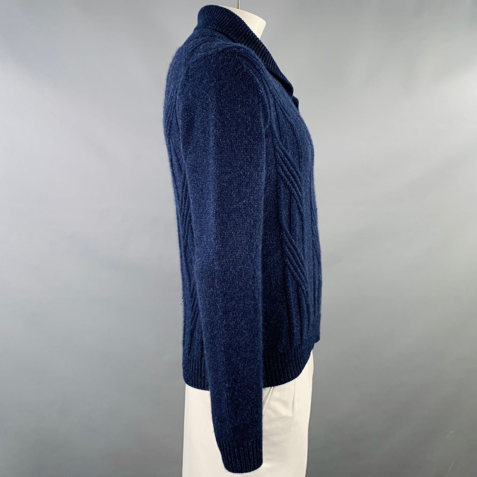 Barneys New York XL Navy Cable Knit Cashmere Shawl Collar Sweater Size US XL / EU 56 / 4 - 2 Thumbnail