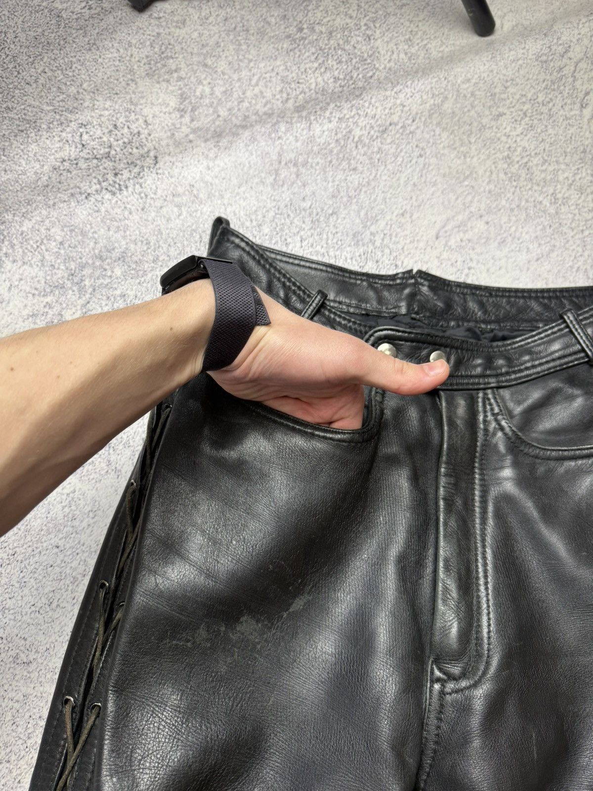 Leather Mens Vintage Biker Leather Pants stripe's Japanese brand y2k Size US 31 - 5 Thumbnail