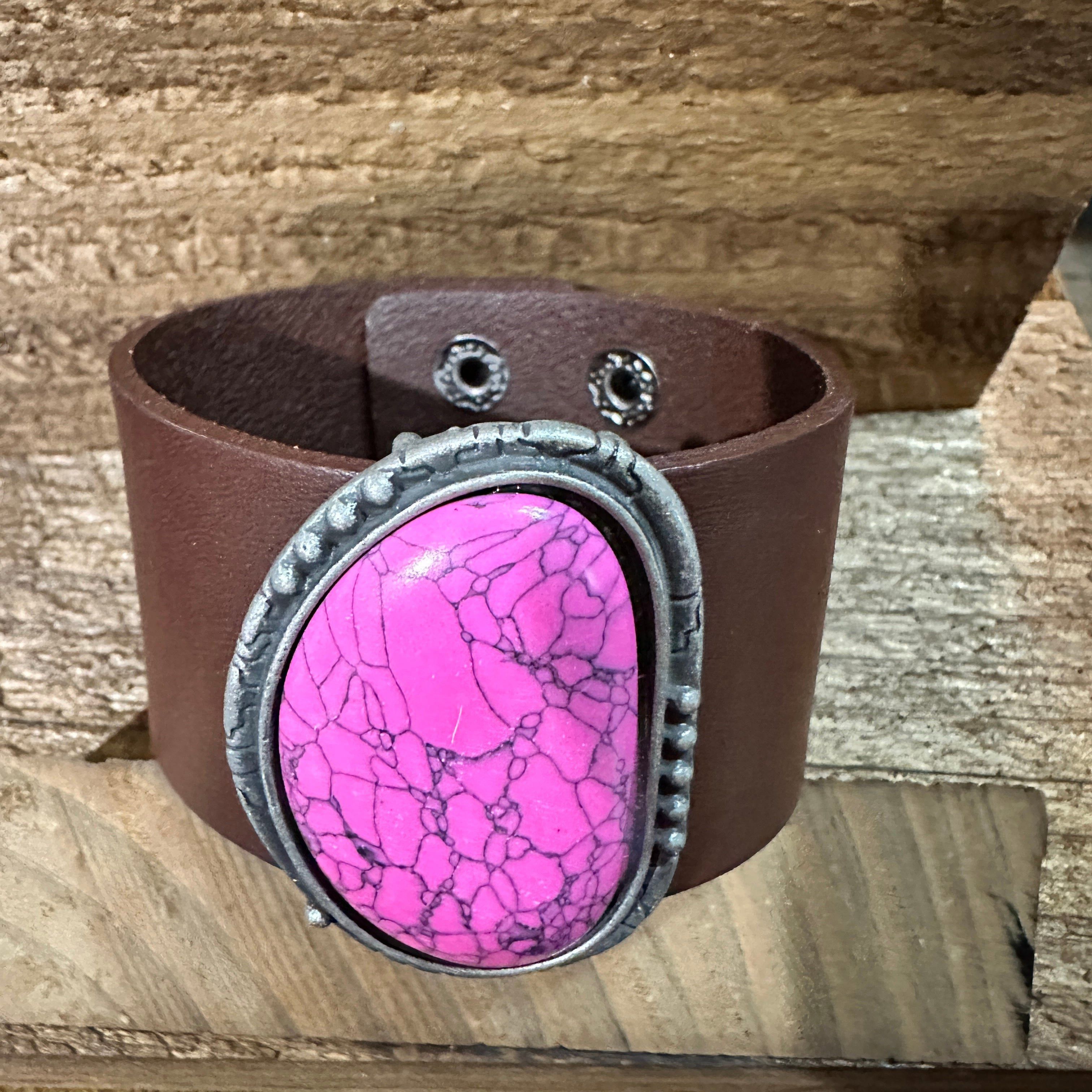 Other Hot Pink Stone and Dark Brown Leather Cuff Bracelet Size ONE SIZE - 3 Thumbnail