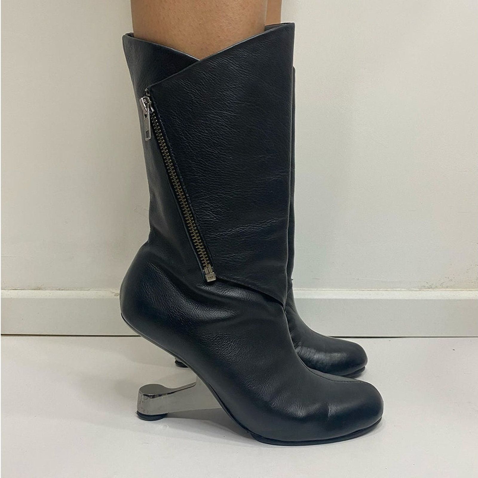 UNITED NUDE Archive Eamz Heel Mid Calf Leather Boots Size US 7 / IT 37 - 4 Thumbnail