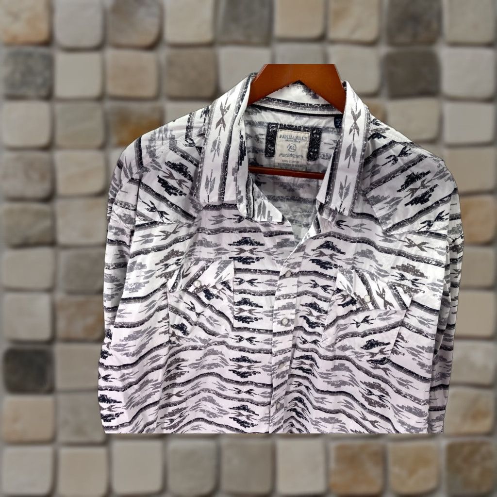 Vintage Panhandle Slim Rough Stock Shirt Mens XL White Black Aztec Snap Front Western Long Sleeve 100% Cotton Button-Up Size US XL / EU 56 / 4 - 1 Thumbnail